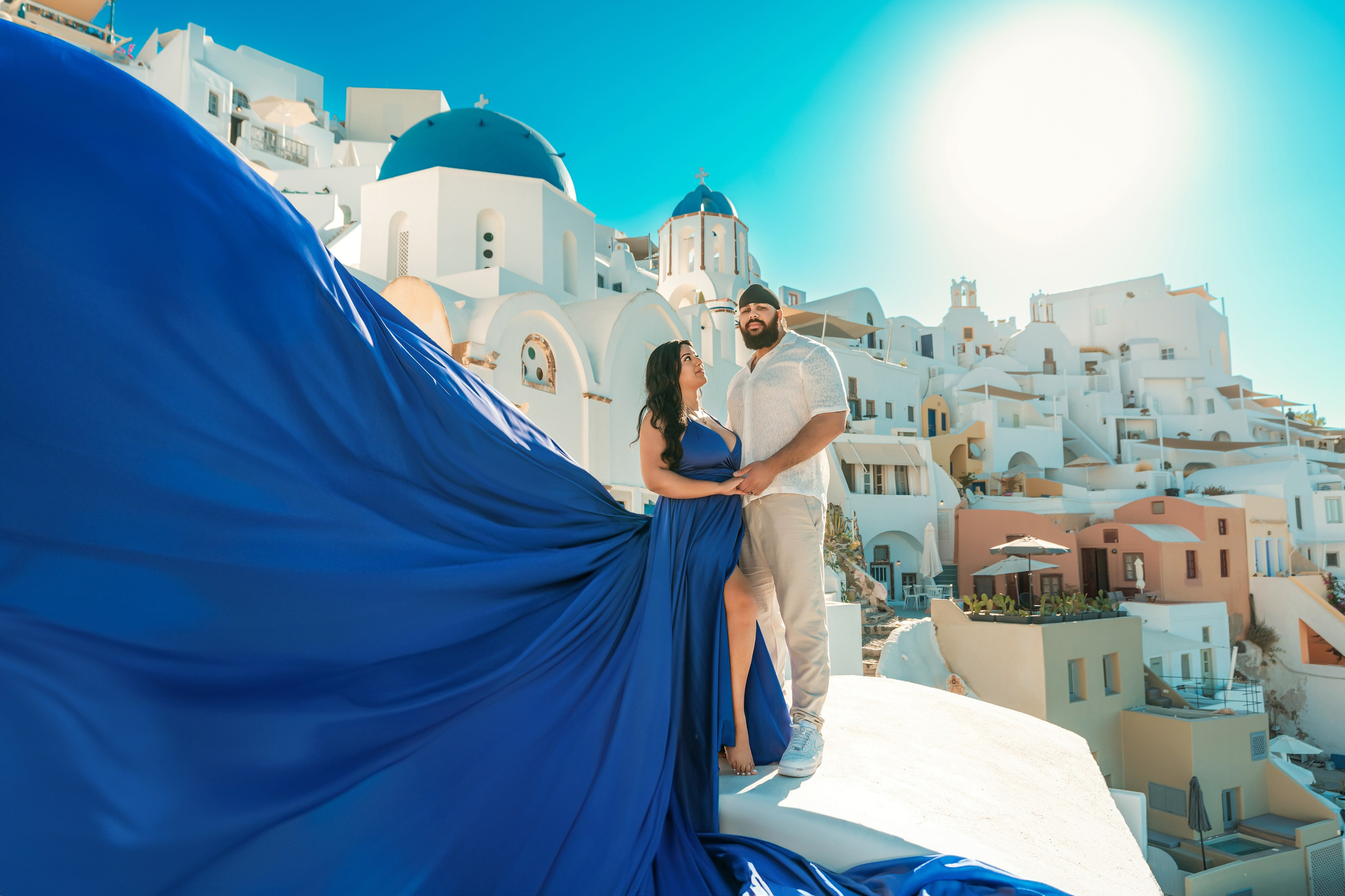 Royal Blue Flying Dress with V-Back | Elegant Flowing Gown XS-XL. Flying Dress Santorini Photographer | SokoLOVE — Book 2026