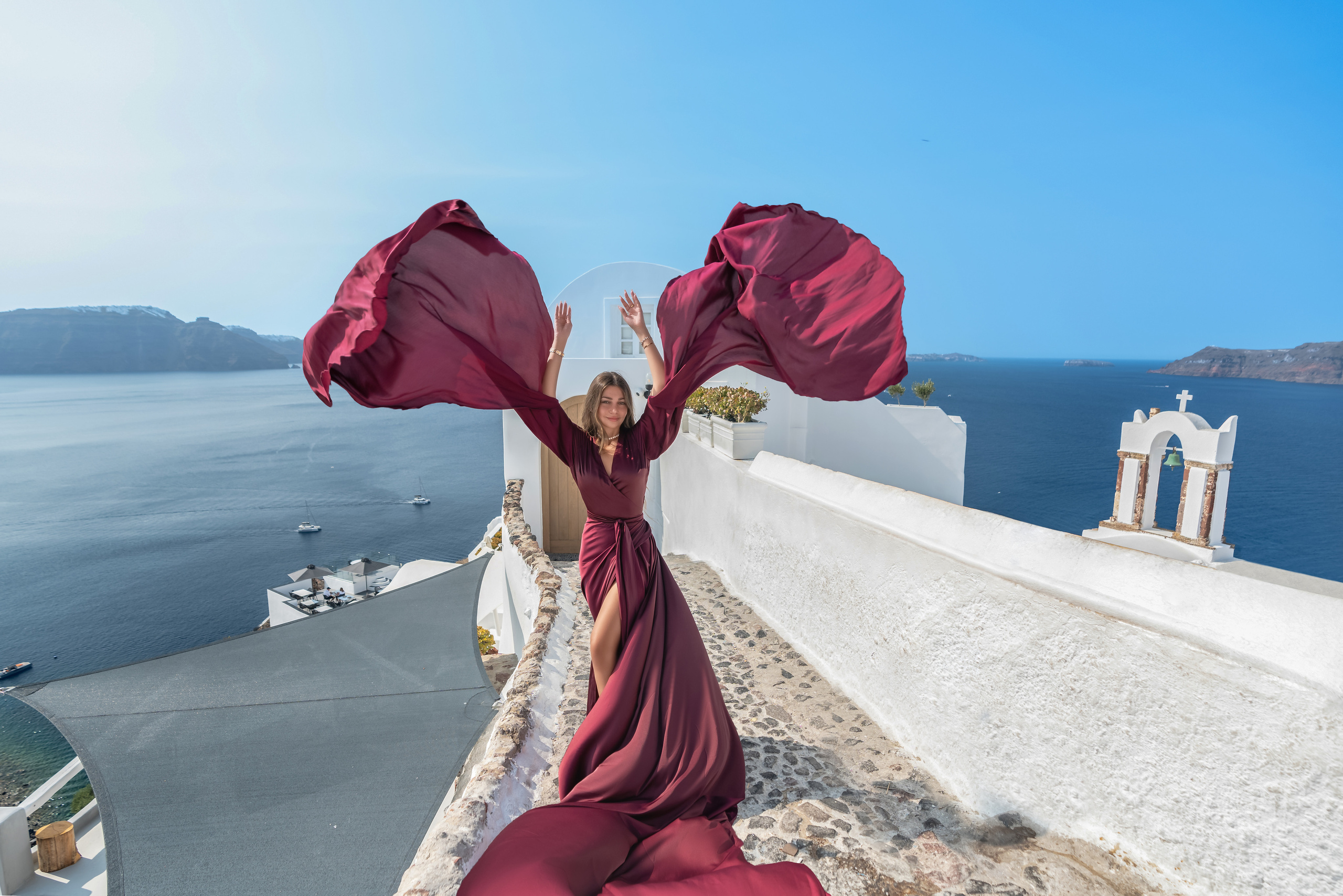 Cherry Flying Dress with Long Sleeves — Rent for  Santorini Photoshoot Gown. Photographer in Santorini SokoLOVE Alex| Flying Dress Santorini