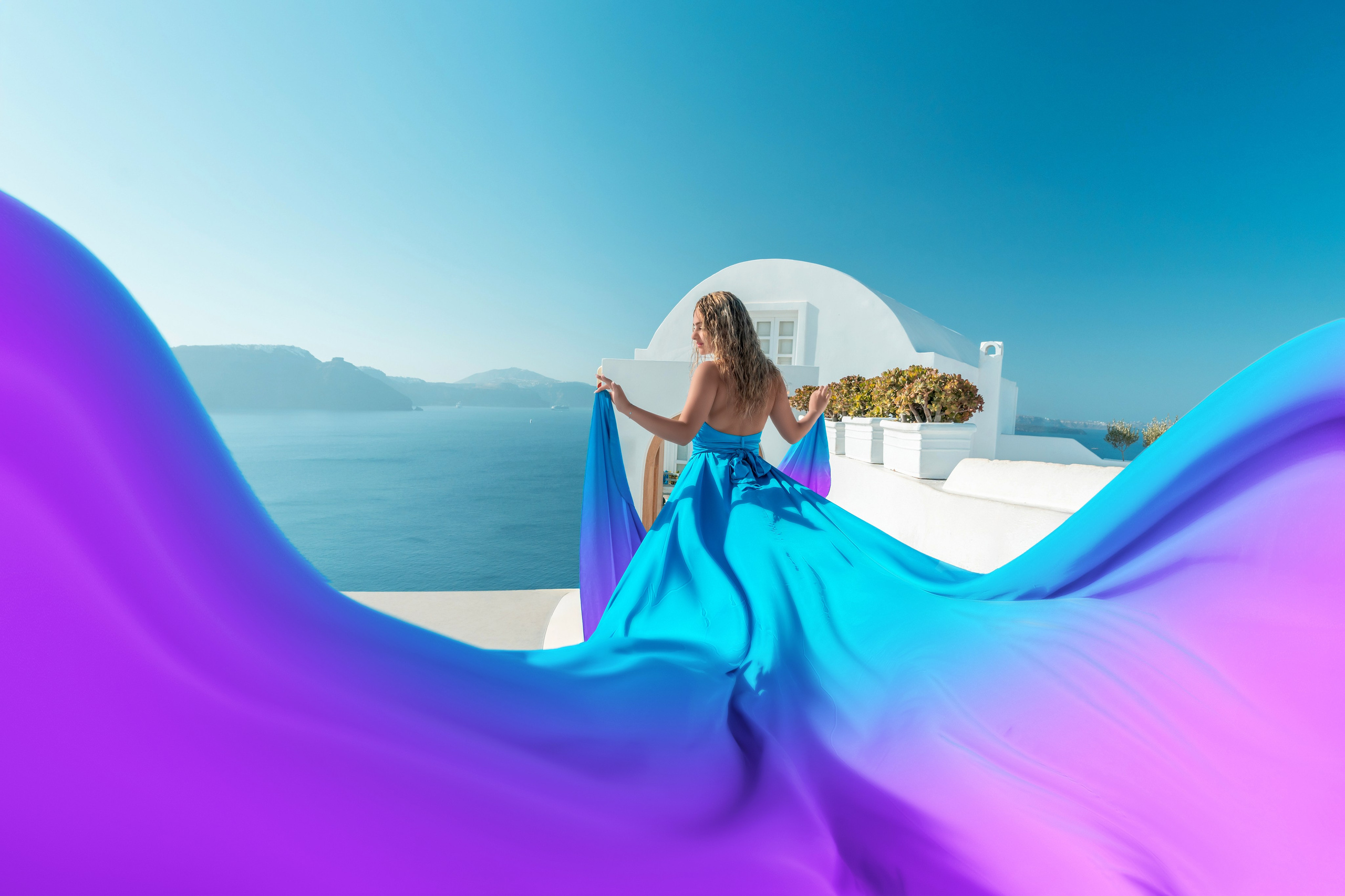 Sky Blue Flying DressBackless | Santorini-Inspired Elegance. Photographer in Santorini SokoLOVE Alex| Flying Dress Santorini