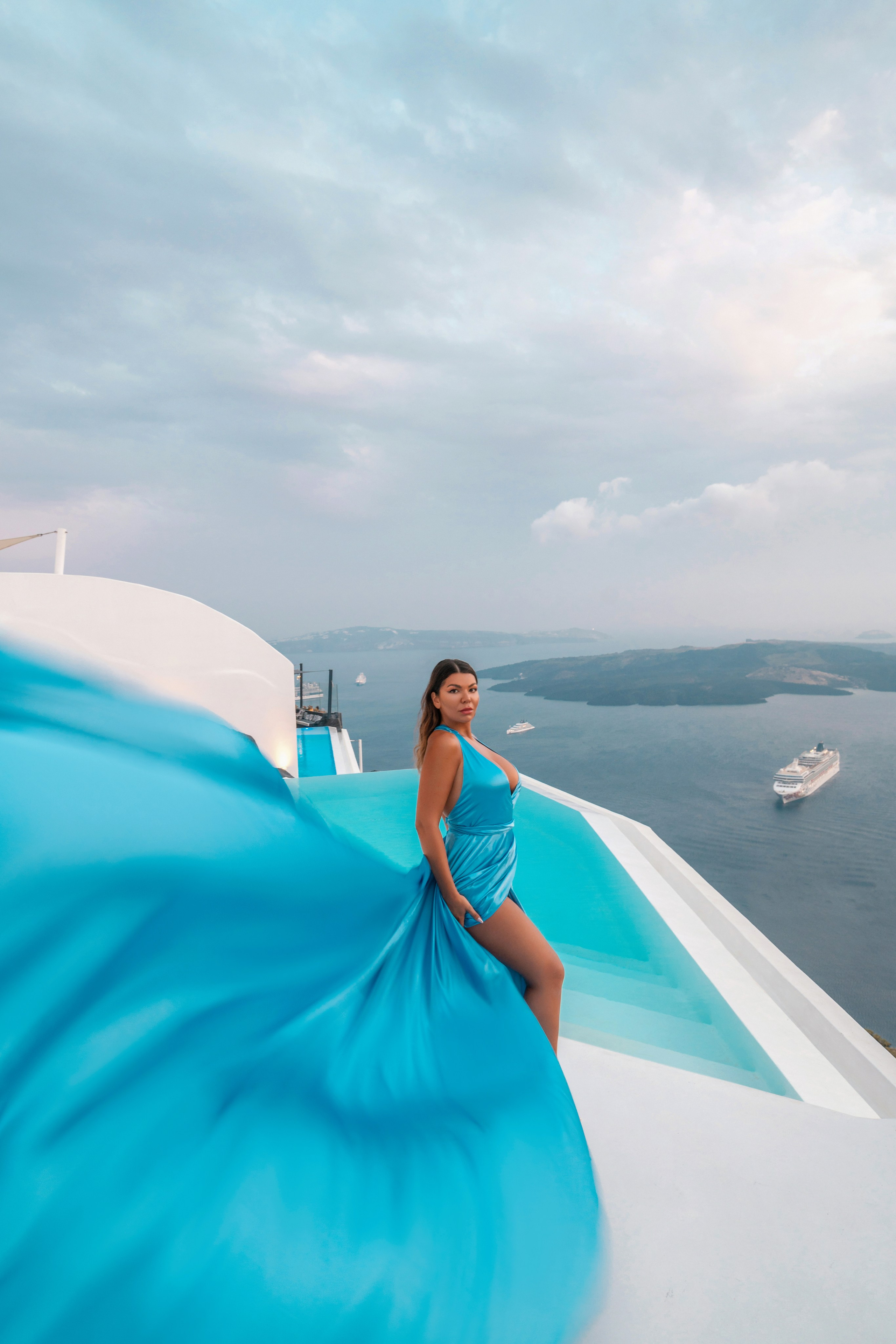 Sky Blue Satin Flowing Dress for Rent | Santorini Photoshoot. Flying Dress Santorini Photographer | SokoLOVE — Book 2026