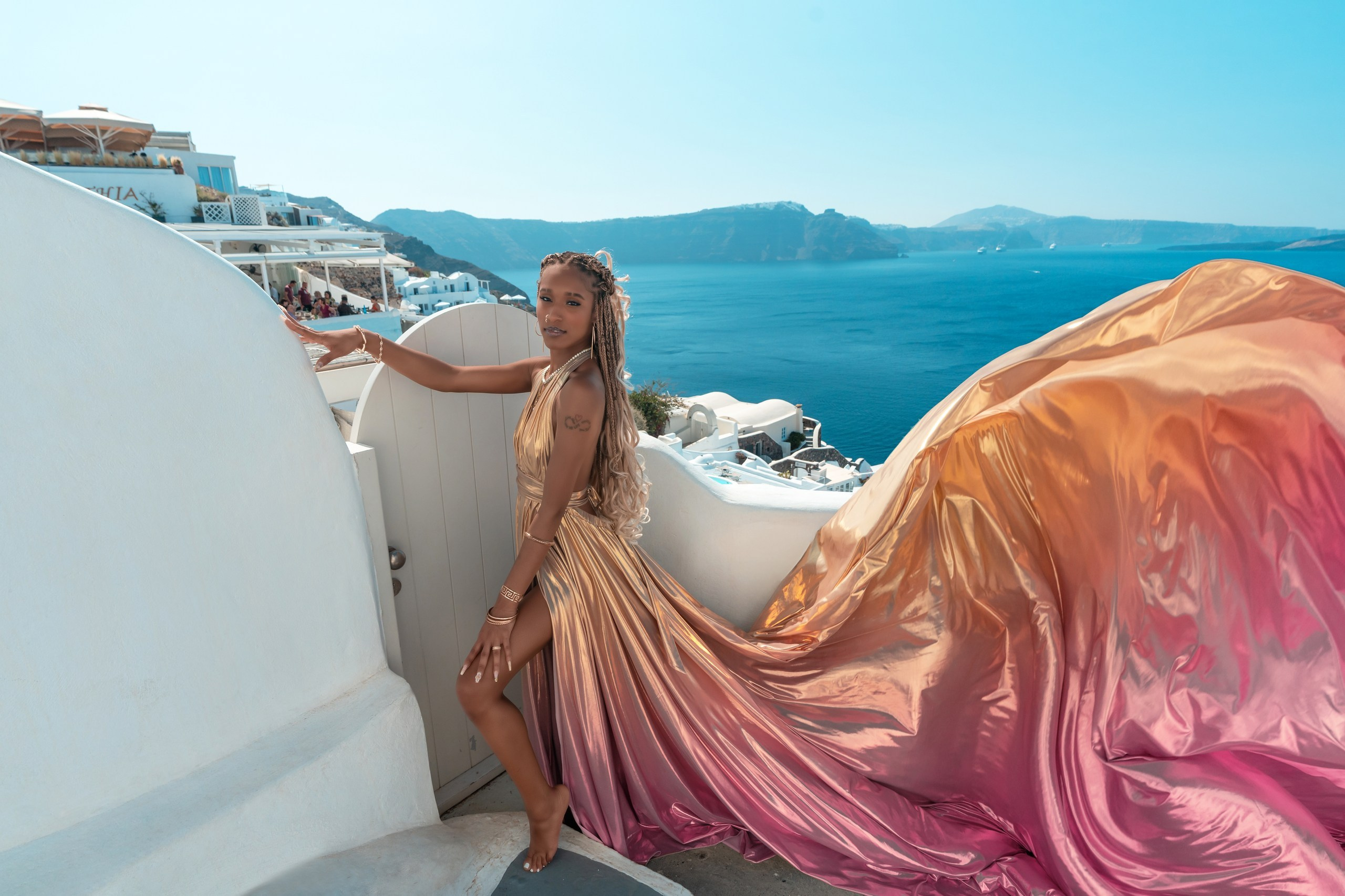Infinity Metallic Gold Flying Dress Backless Santorini. Photographer in Santorini SokoLOVE Alex| Flying Dress Santorini