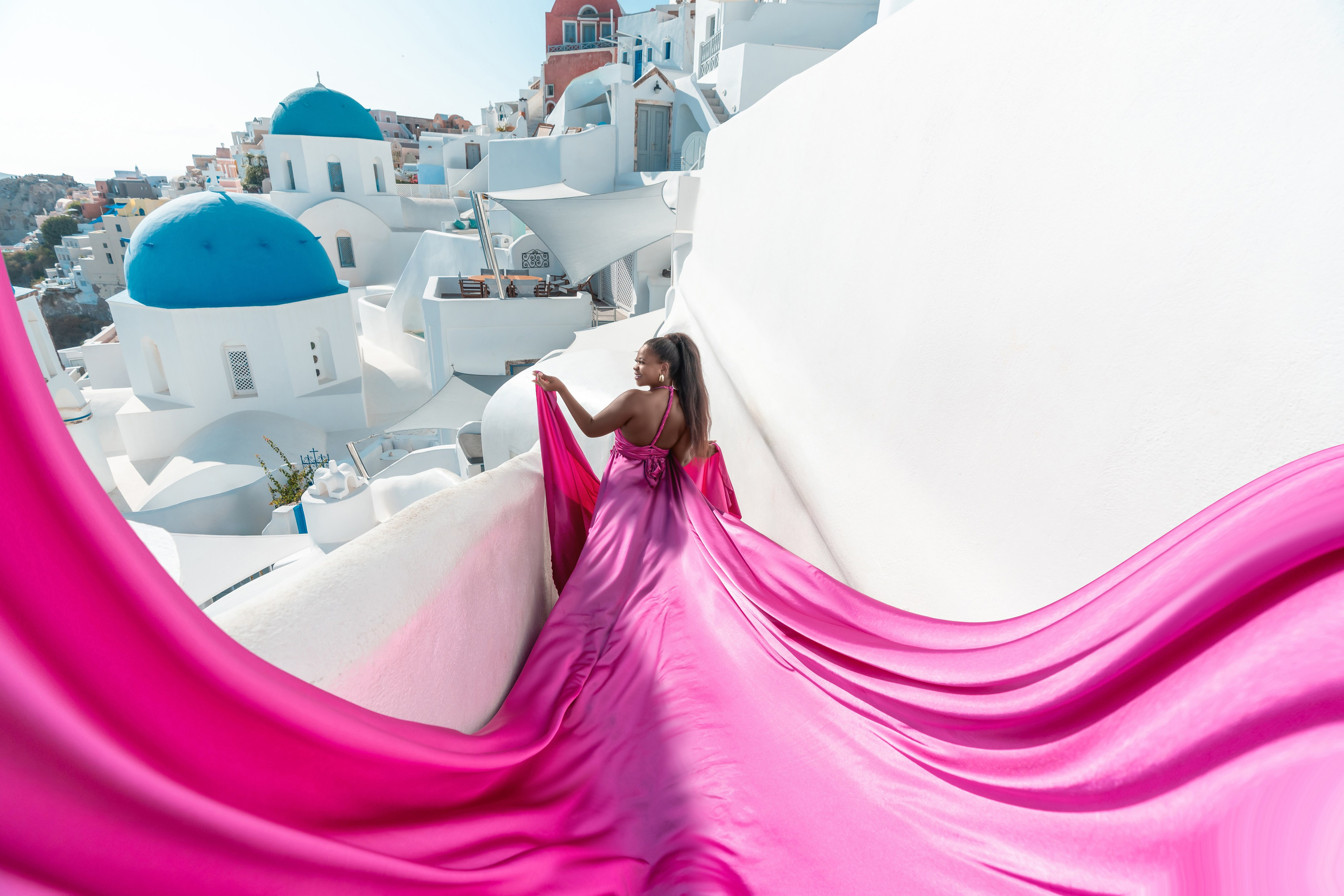 Fuchsia Flying Dress Rental | Satin Backless | Rent for 100 Euros. Photographer in Santorini SokoLOVE Alex| Flying Dress Santorini