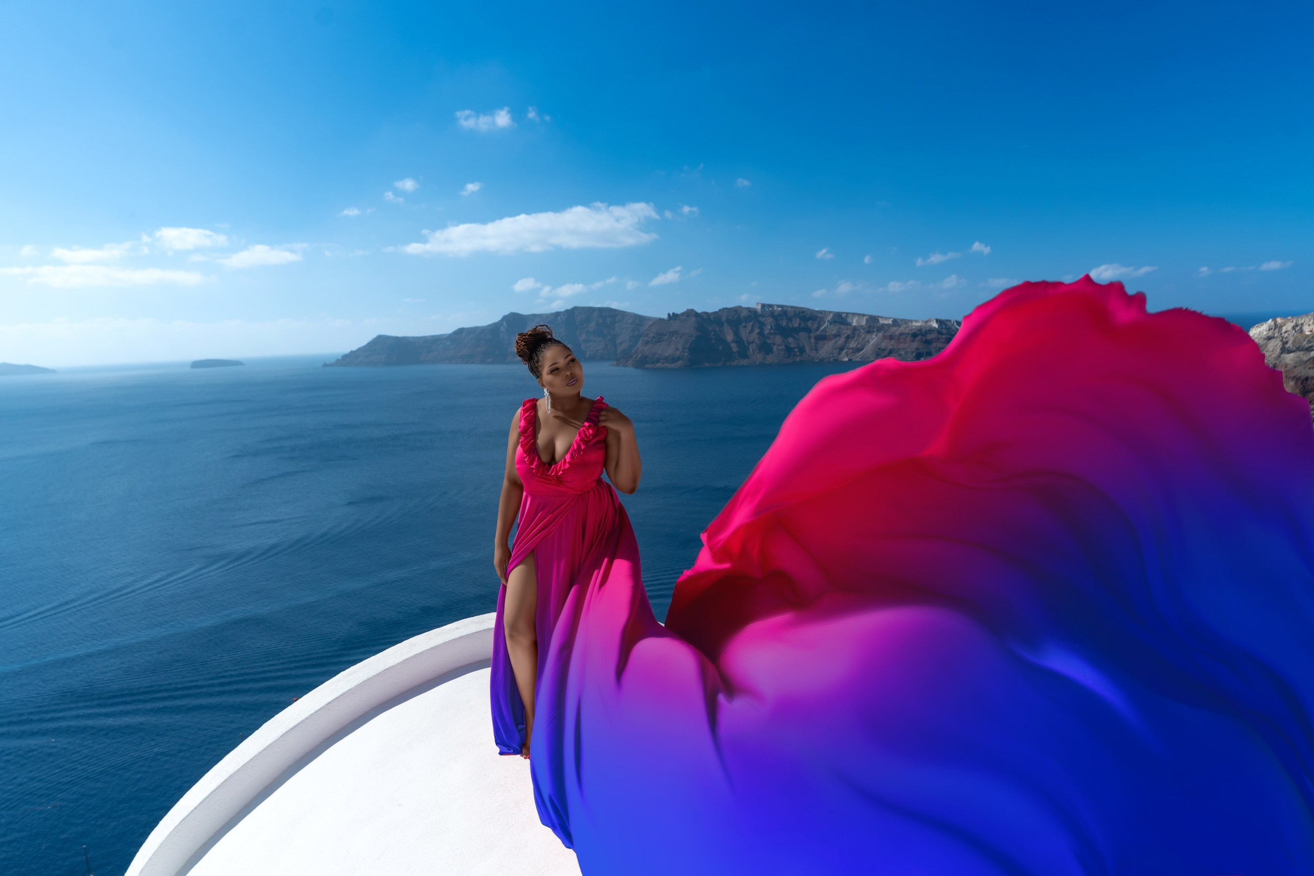 Fuchsia Ruffles V-Shaped Back Dress (XS-L) — Rent for  Santorini Photoshoot Gown. Photographer in Santorini SokoLOVE Alex| Flying Dress Santorini