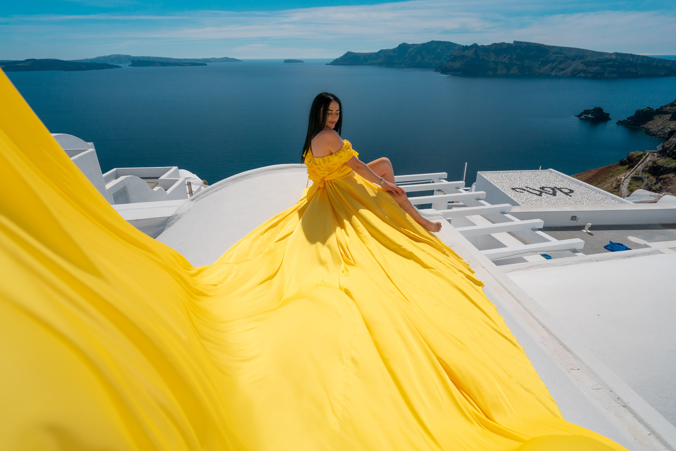 Yellow Dress with Ruffles V-Shaped Back plus size— Rent Santorini Photoshoot Gown. Photographer in Santorini SokoLOVE Alex| Flying Dress Santorini