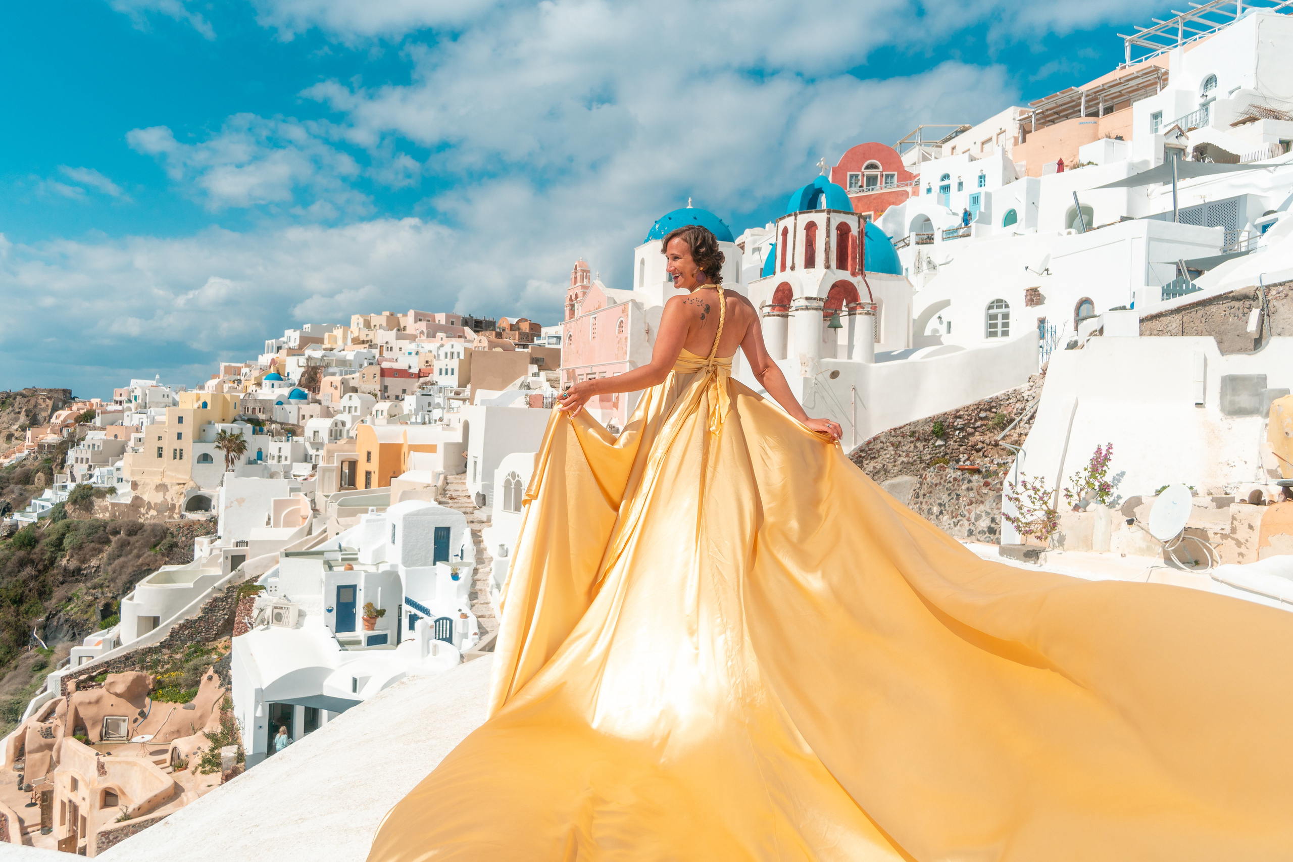 Gold Flying Dress Backless. Photographer in Santorini SokoLOVE Alex| Flying Dress Santorini