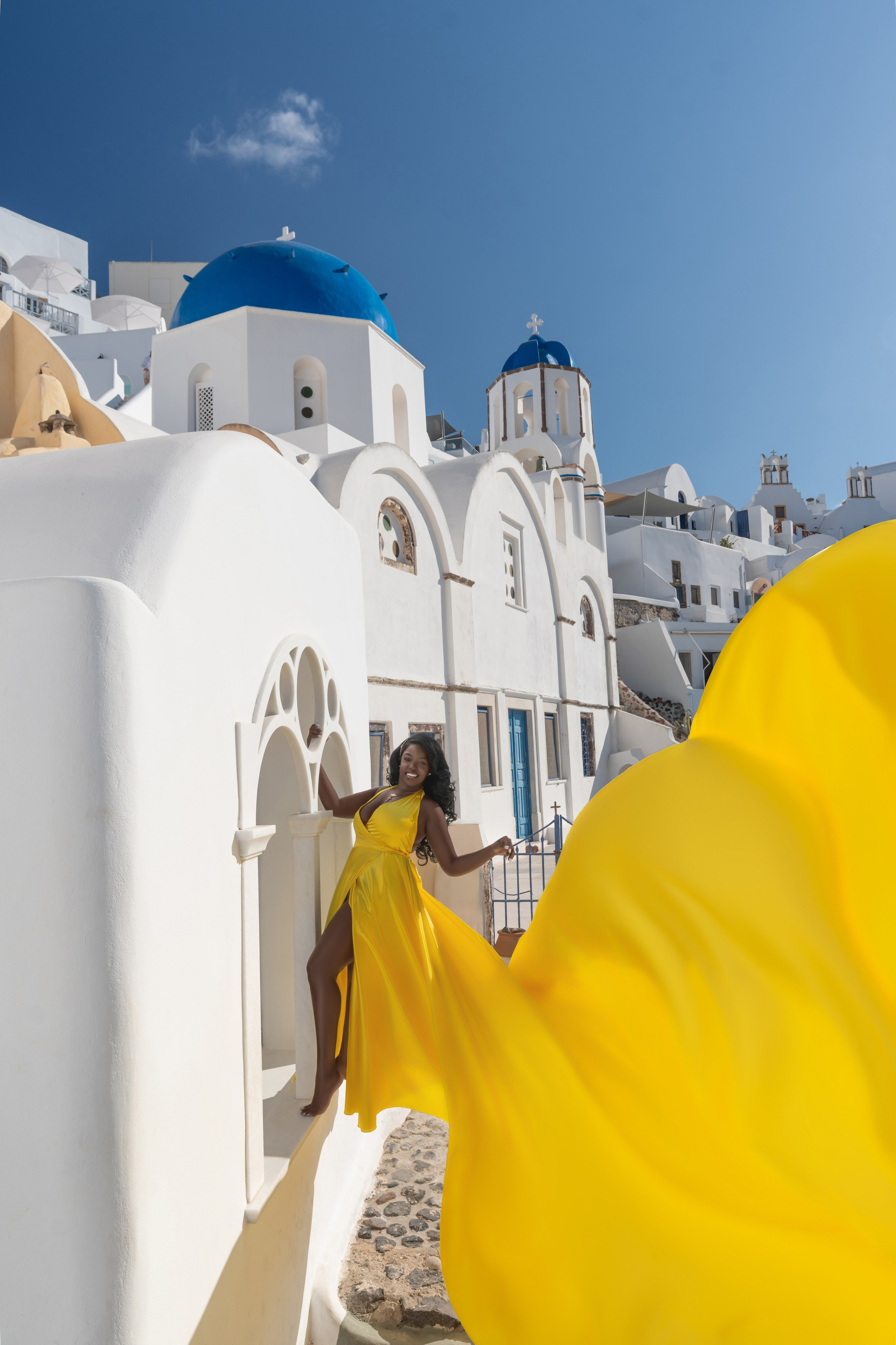 Yellow Satin Flying Dress Backless in Santorini. Photographer in Santorini SokoLOVE Alex| Flying Dress Santorini