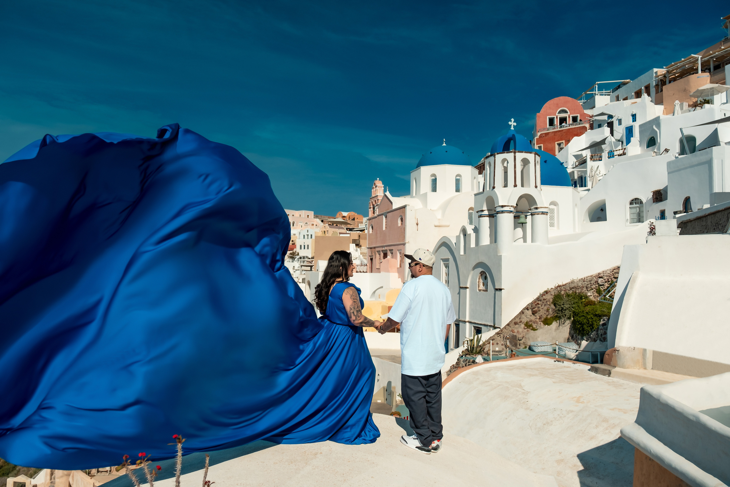 Royal Blue Dress with Ruffles V-Shaped Back plus size  Santorini Photoshoot Gown. Photographer in Santorini SokoLOVE Alex| Flying Dress Santorini