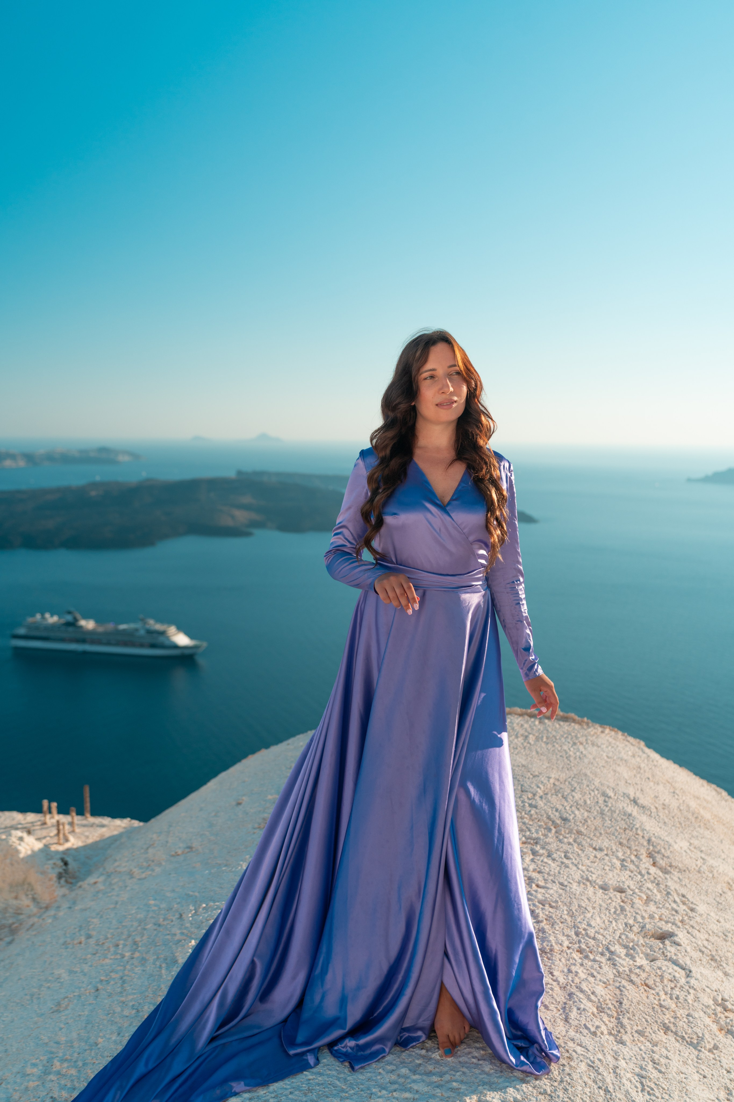 Purple Flying Dress Muslim Rent for Santorini. Photographer in Santorini SokoLOVE Alex| Flying Dress Santorini