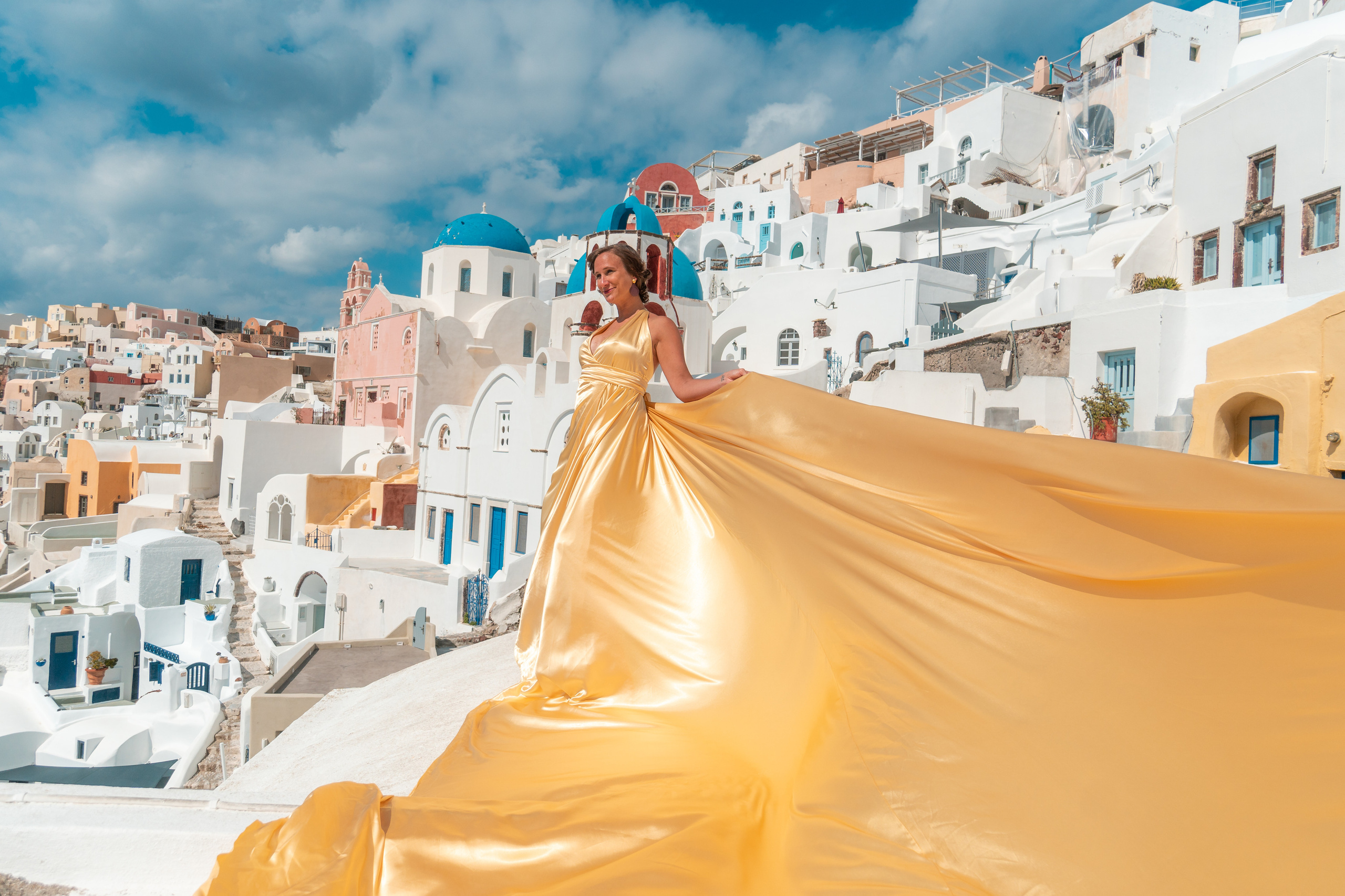 Gold Flying Dress Backless. Photographer in Santorini SokoLOVE Alex| Flying Dress Santorini