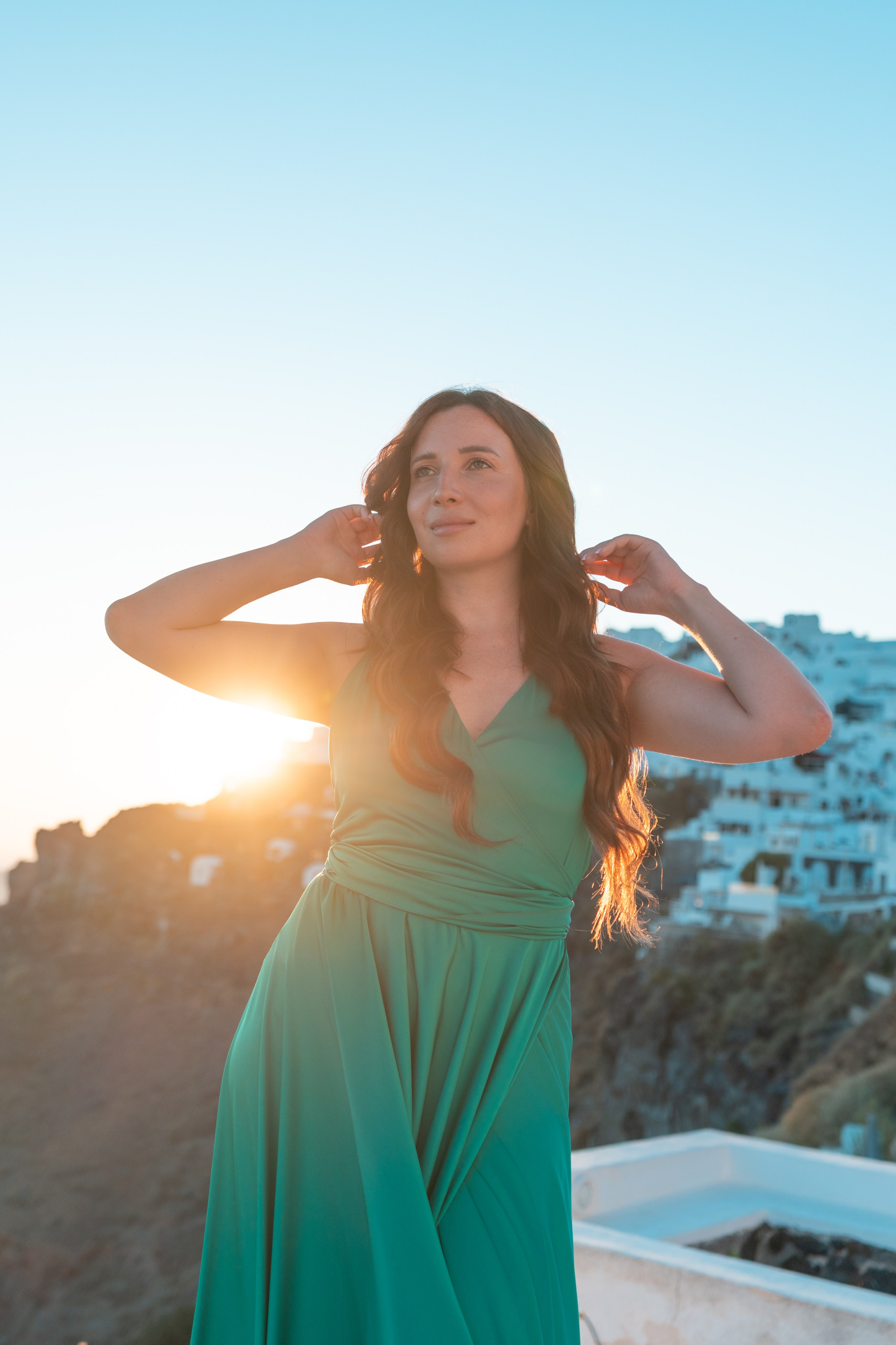 Green Grass Flying Dress Backless — Rent for Santorini Photoshoot Gown. Photographer in Santorini SokoLOVE Alex| Flying Dress Santorini