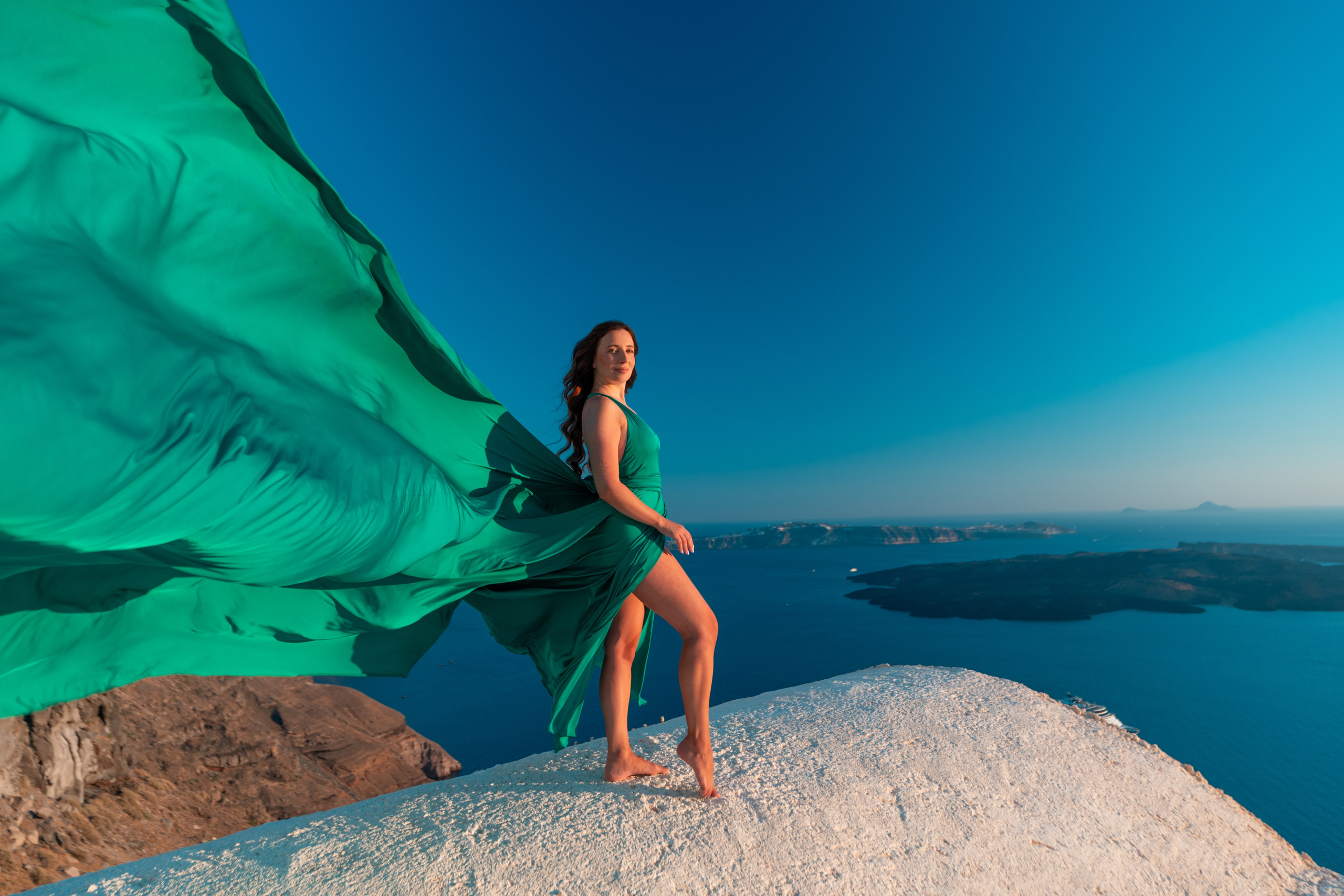 Green Grass Flying Dress Backless — Rent for Santorini Photoshoot Gown. Photographer in Santorini SokoLOVE Alex| Flying Dress Santorini