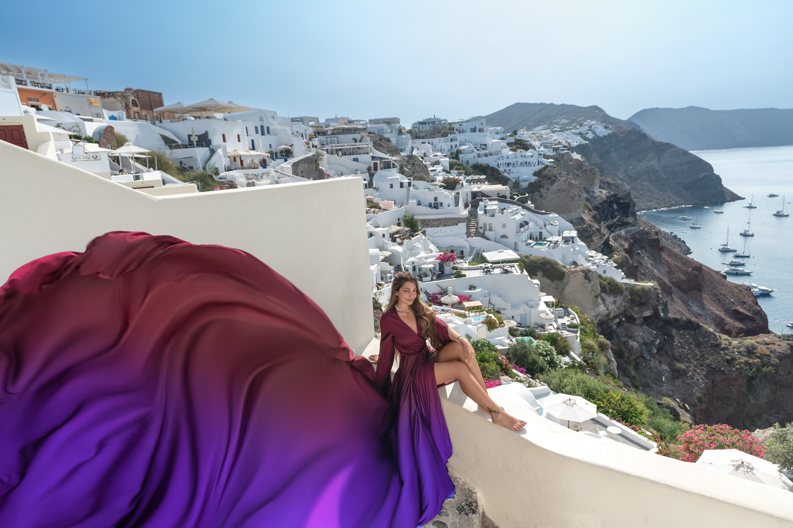 Cherry Flying Dress with Long Sleeves — Rent for  Santorini Photoshoot Gown. Photographer in Santorini SokoLOVE Alex| Flying Dress Santorini
