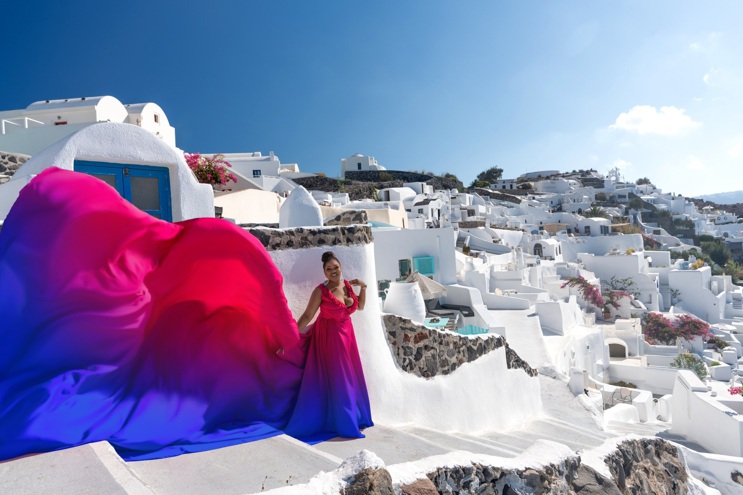 Fuchsia Ruffles V-Shaped Back Dress (XS-L) — Rent for  Santorini Photoshoot Gown. Photographer in Santorini SokoLOVE Alex| Flying Dress Santorini
