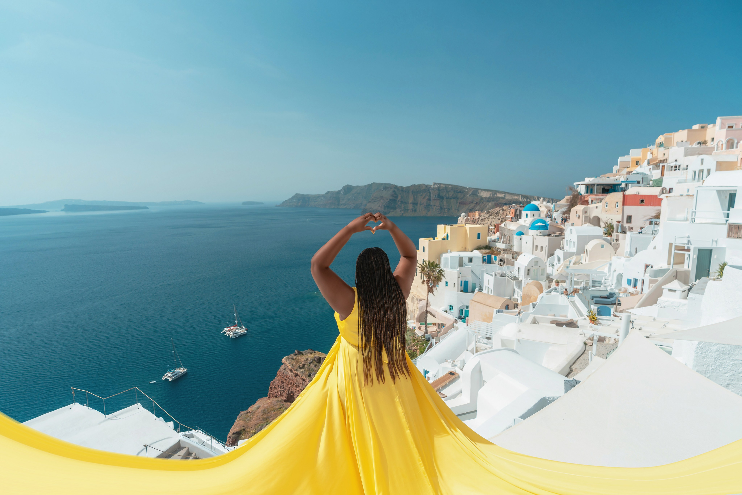 Yellow Dress with Ruffles V-Shaped Back plus size— Rent Santorini Photoshoot Gown. Photographer in Santorini SokoLOVE Alex| Flying Dress Santorini