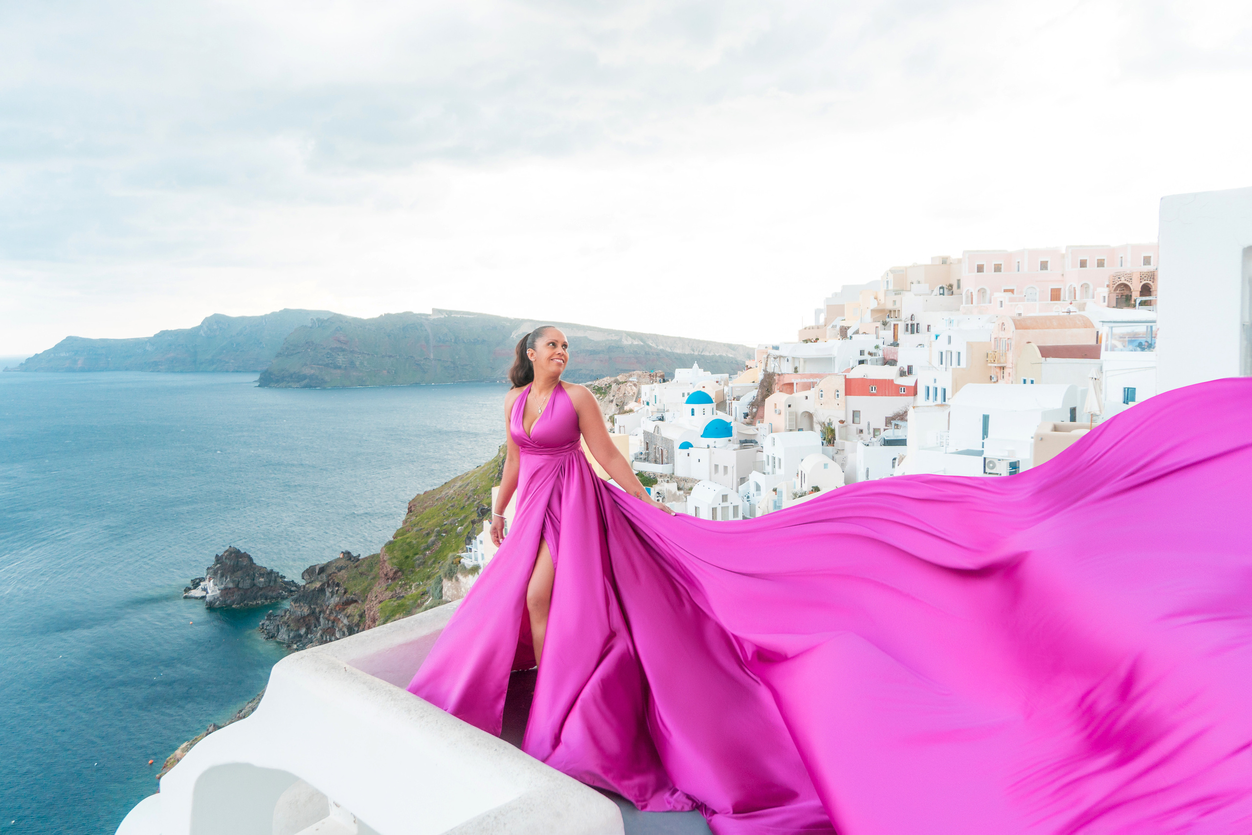 Fuchsia Flying Dress Rental | Satin Backless | Rent for 100 Euros. Photographer in Santorini SokoLOVE Alex| Flying Dress Santorini