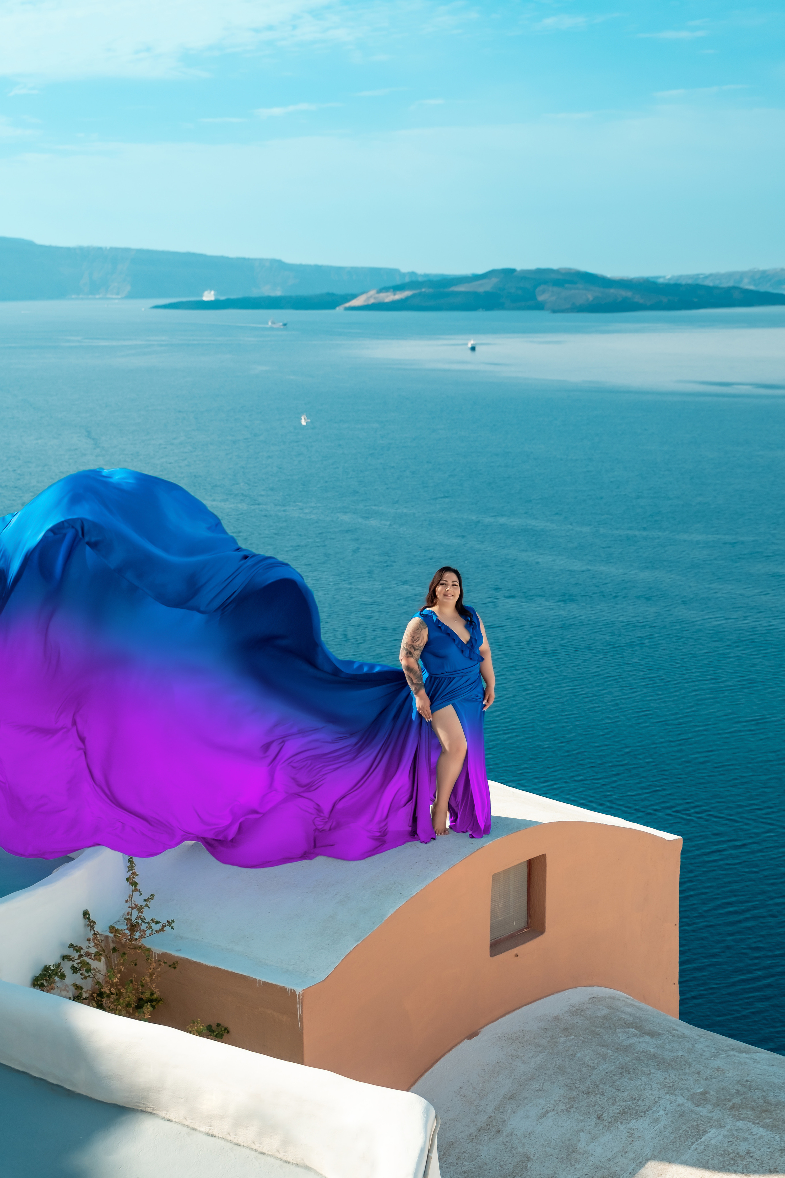 Royal Blue Dress with Ruffles V-Shaped Back plus size  Santorini Photoshoot Gown. Photographer in Santorini SokoLOVE Alex| Flying Dress Santorini