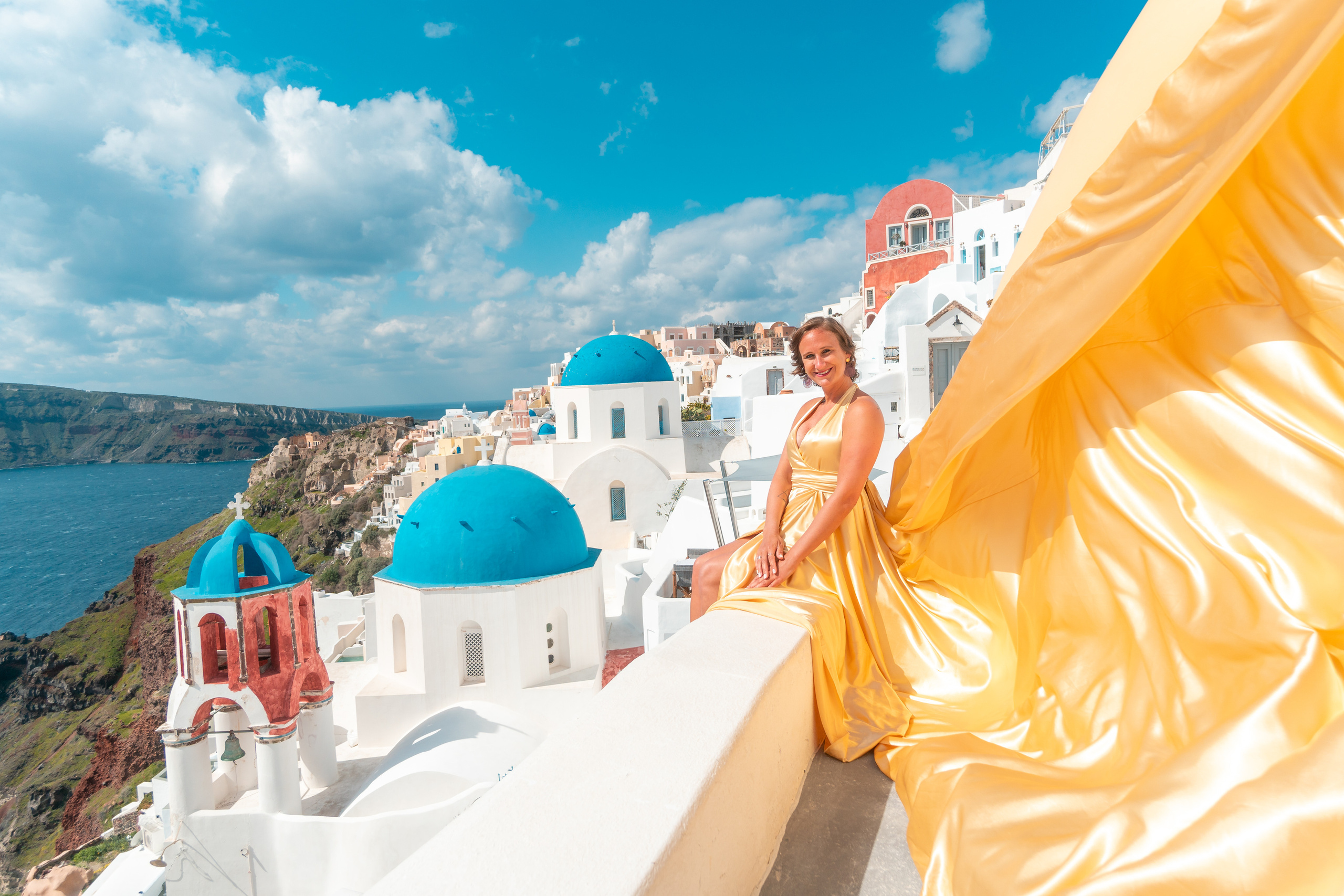 Gold Flying Dress Backless. Photographer in Santorini SokoLOVE Alex| Flying Dress Santorini