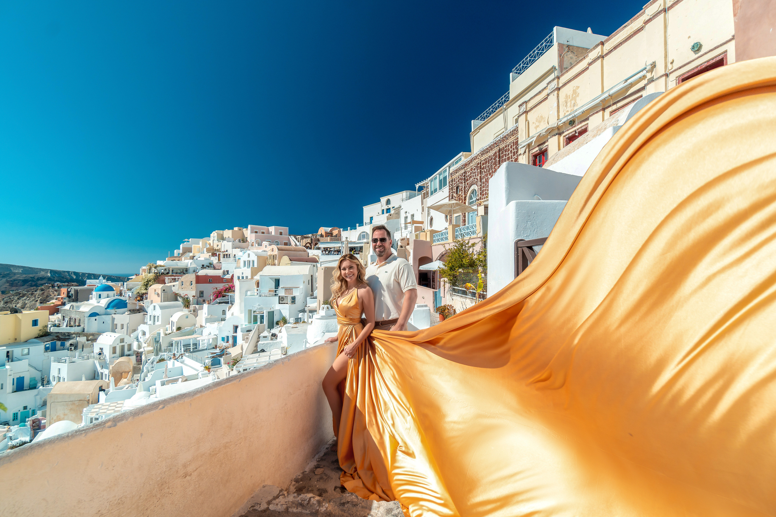 Yellow gold Flying Dress Santorini. Photographer in Santorini SokoLOVE Alex| Flying Dress Santorini