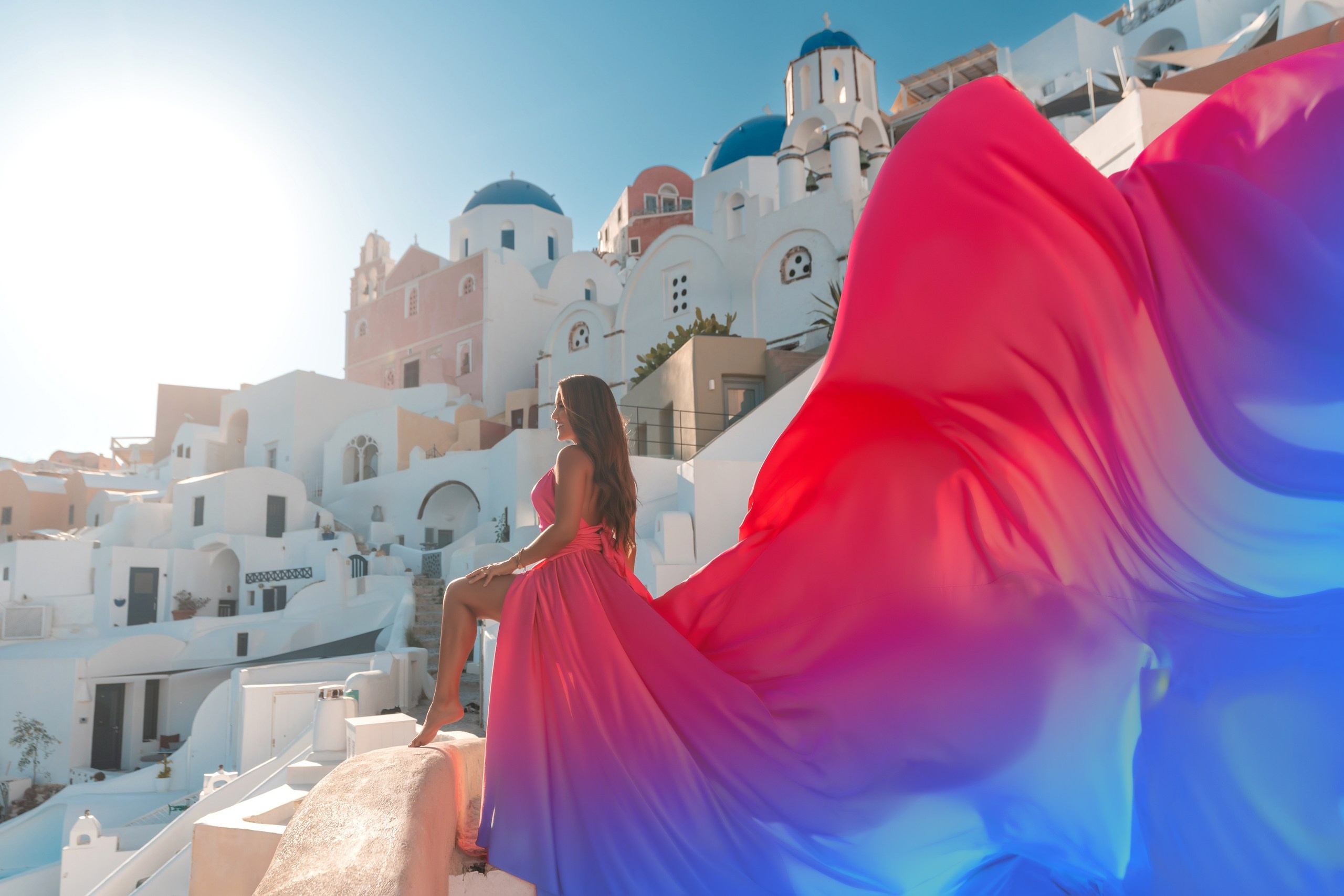Fuchsia Flying Dress Santorini, plus size — Rent price, Santorini Photoshoot Gown. Photographer in Santorini SokoLOVE Alex| Flying Dress Santorini