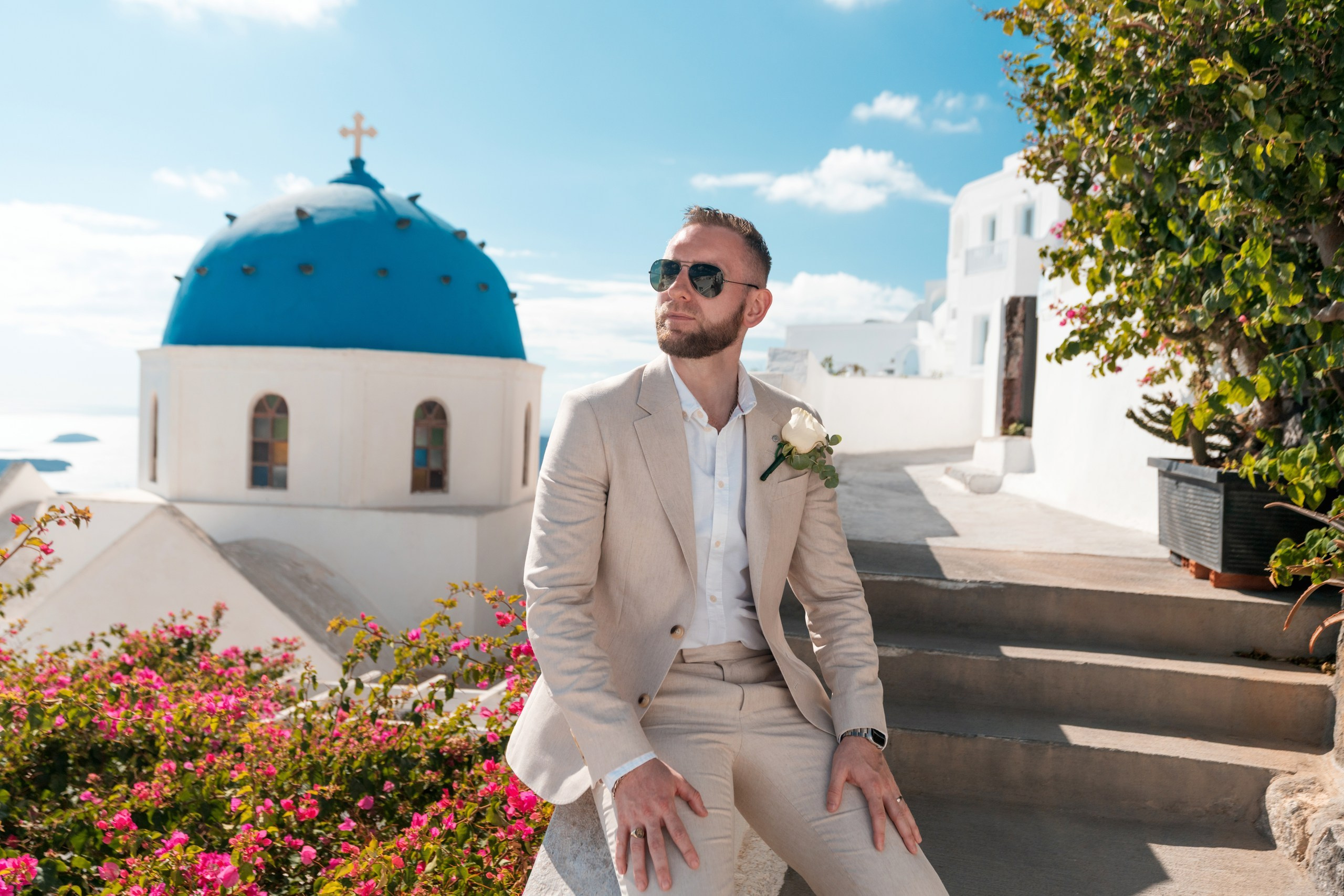 Wedding photo shoot in Imerovigli. Flying Dress Santorini Photographer | SokoLOVE — Book 2026