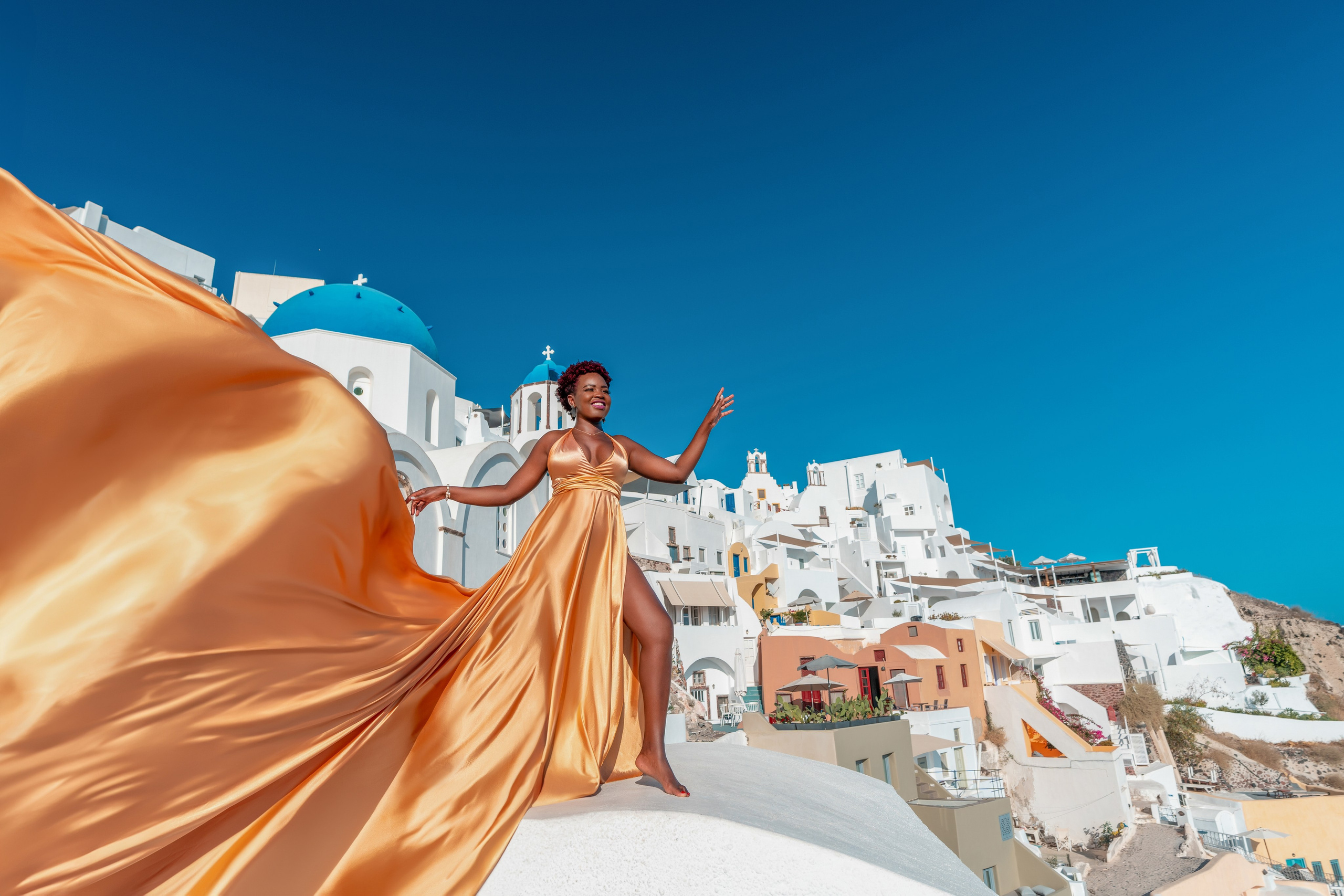 Yellow gold Flying Dress Santorini. Photographer in Santorini SokoLOVE Alex| Flying Dress Santorini