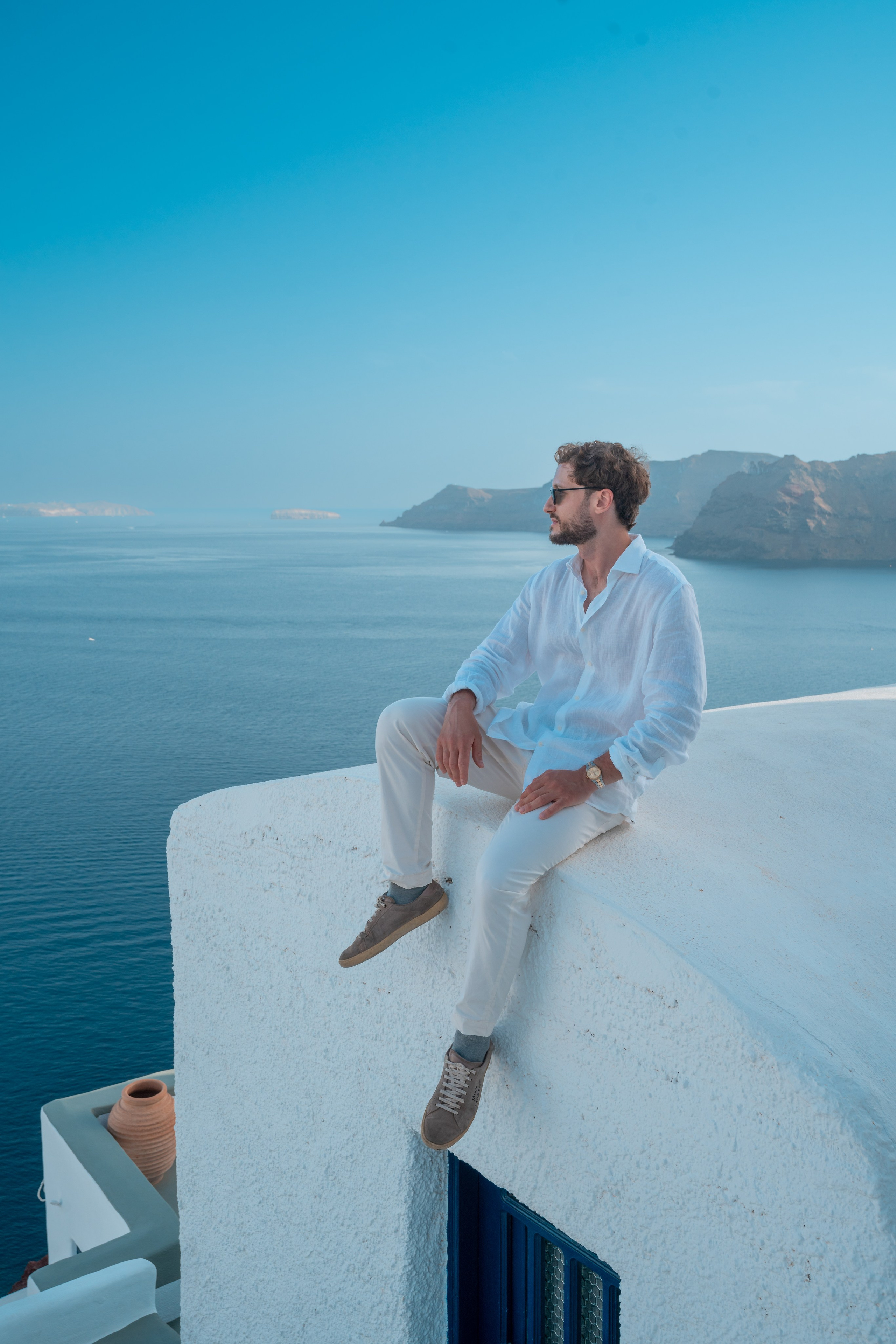 Santorini Portrait Photoshoot | Stylish Men’s Photography in Greece. Photographer in Santorini SokoLOVE Alex| Flying Dress Santorini
