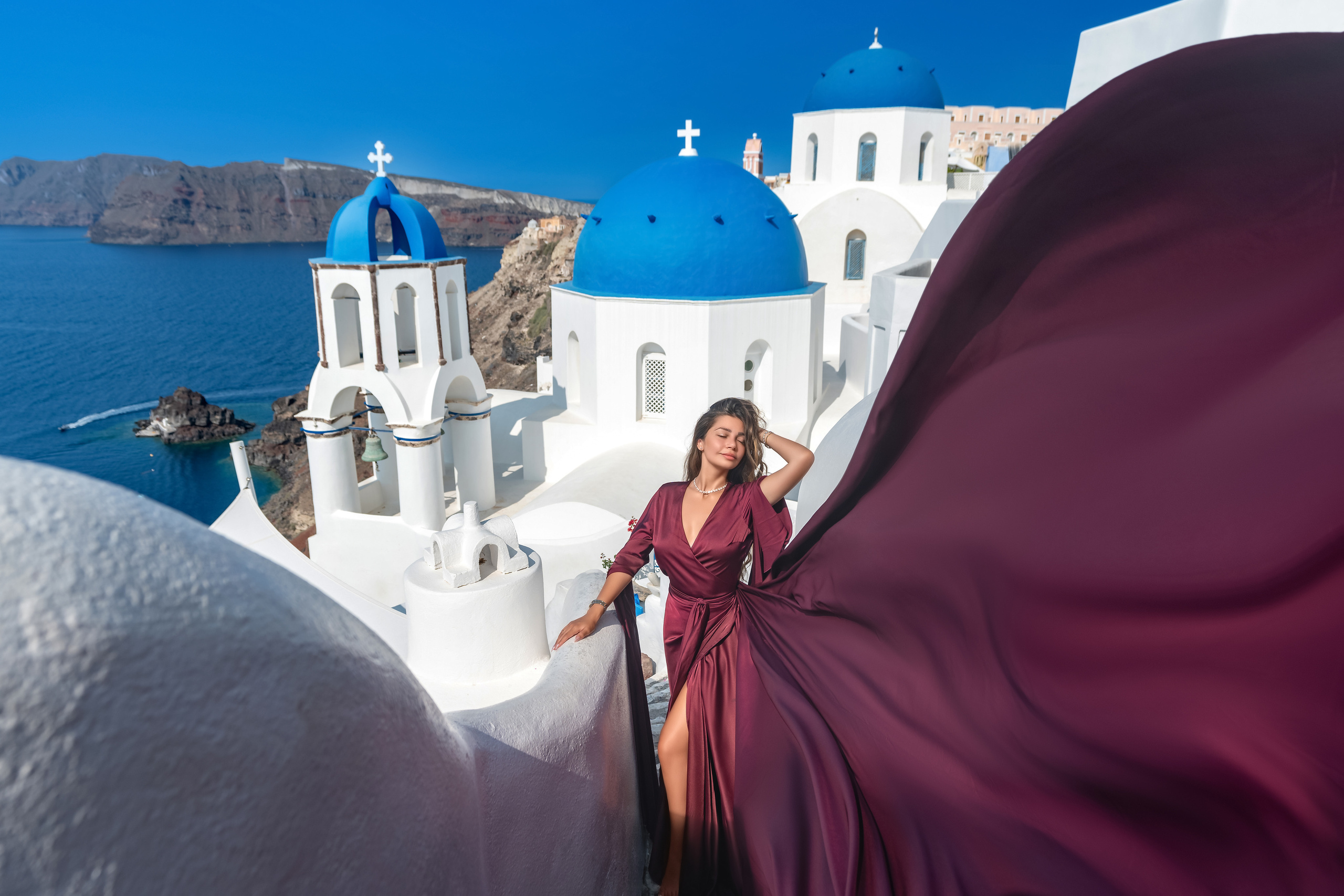 Cherry Flying Dress with Long Sleeves — Rent for  Santorini Photoshoot Gown. Photographer in Santorini SokoLOVE Alex| Flying Dress Santorini