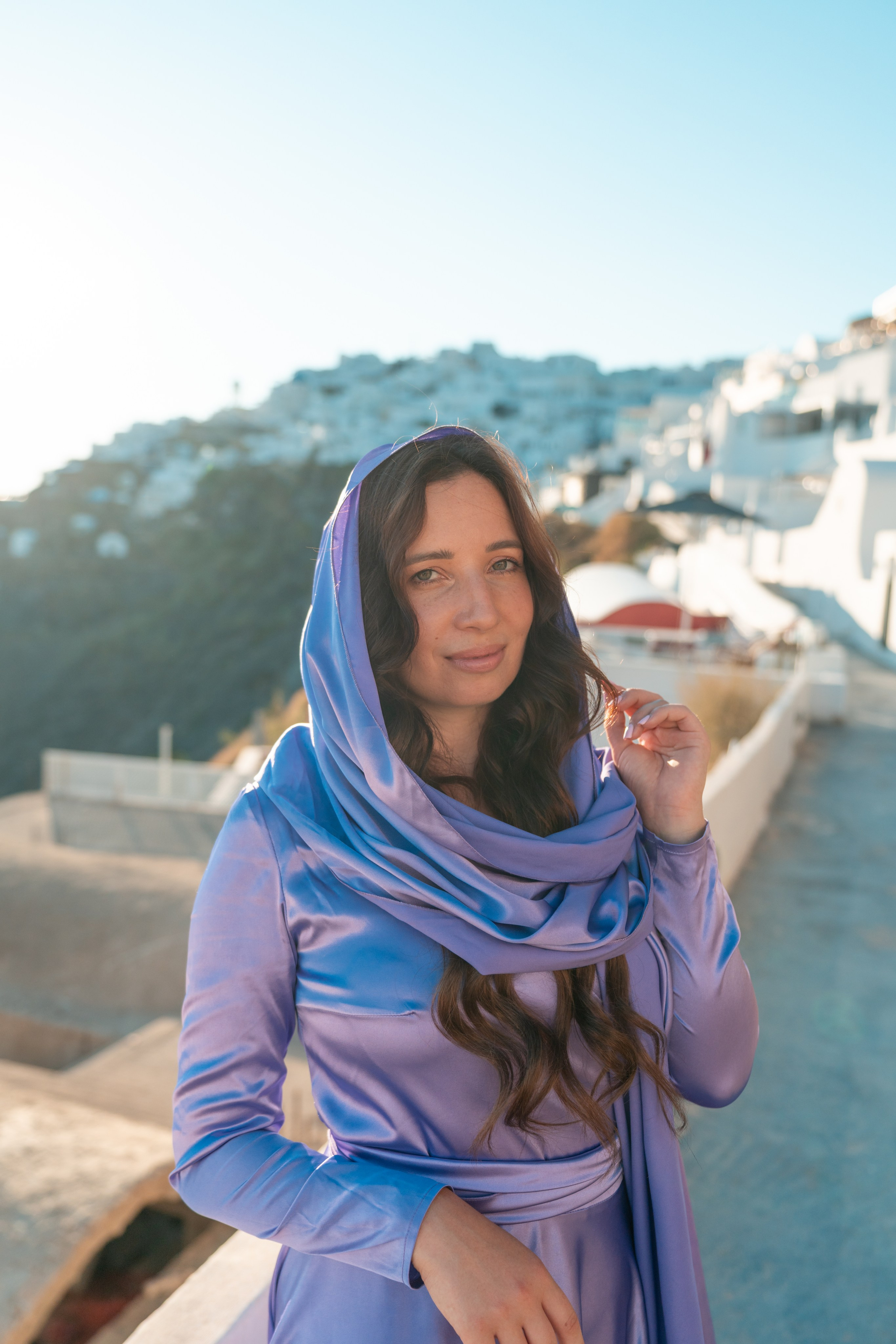 Purple Flying Dress Muslim Rent for Santorini. Photographer in Santorini SokoLOVE Alex| Flying Dress Santorini