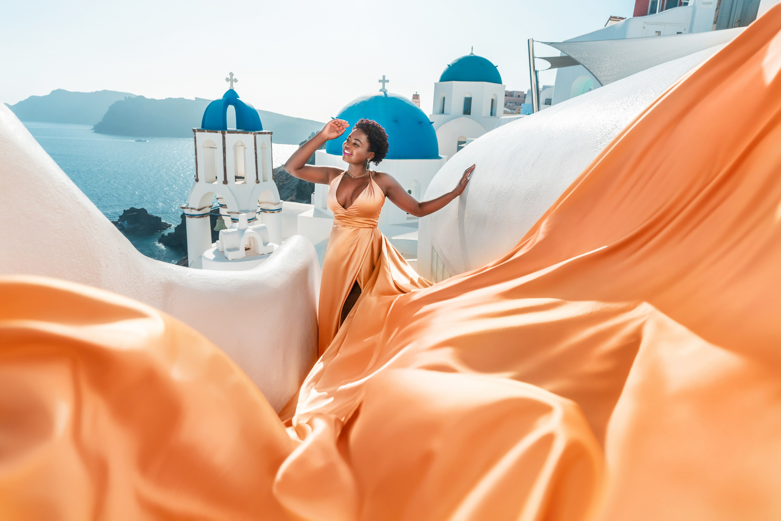 Yellow gold Flying Dress Santorini. Photographer in Santorini SokoLOVE Alex| Flying Dress Santorini