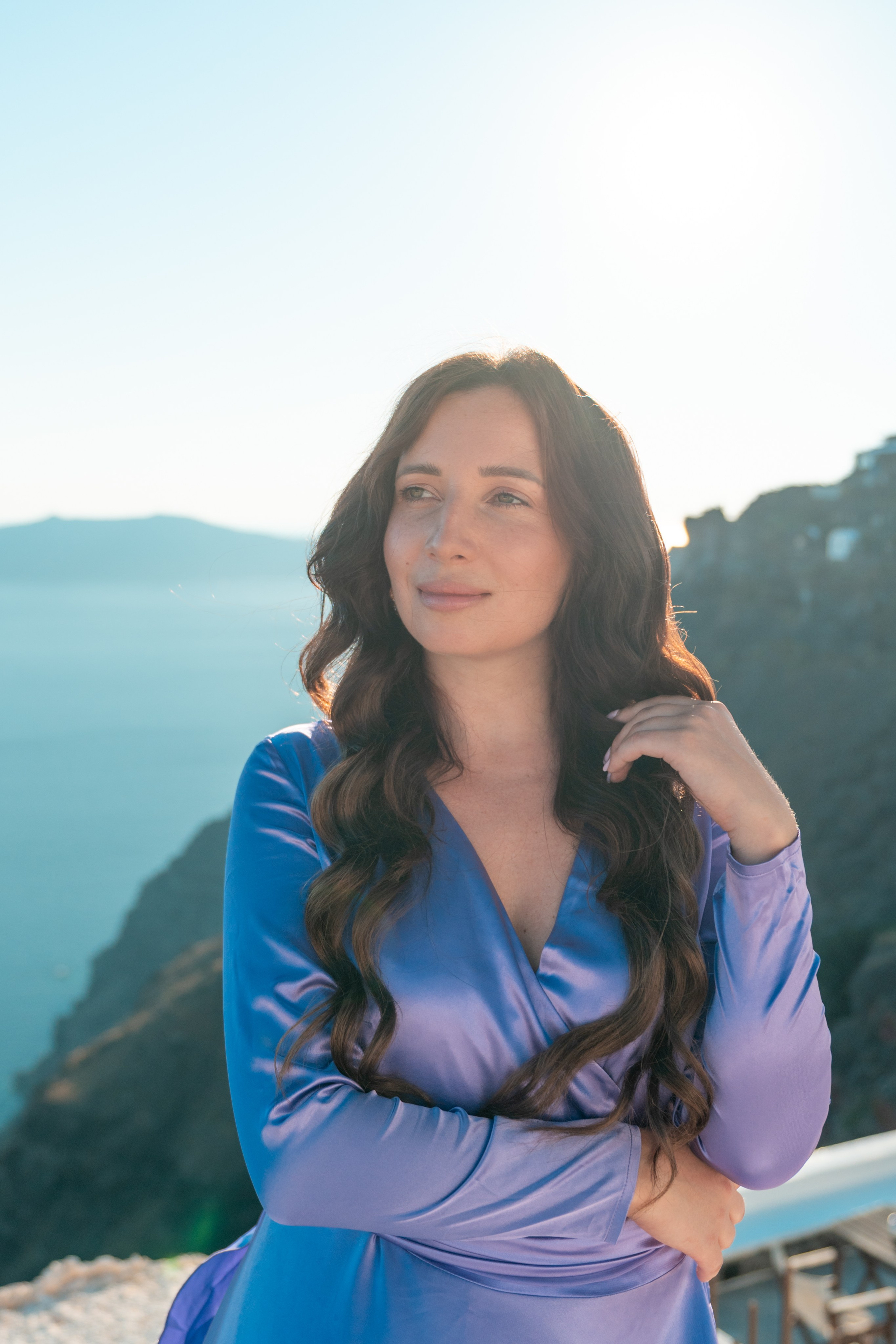 Purple Flying Dress Muslim Rent for Santorini. Photographer in Santorini SokoLOVE Alex| Flying Dress Santorini