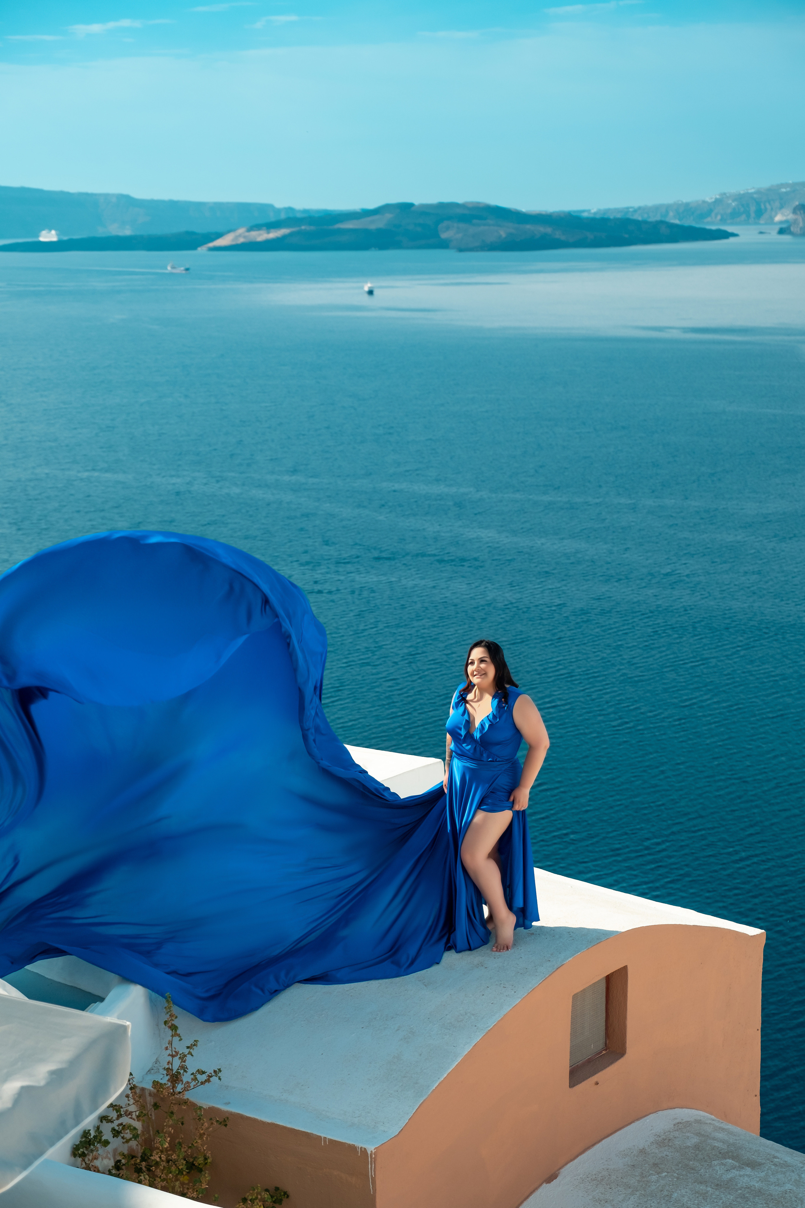 Royal Blue Dress with Ruffles V-Shaped Back plus size  Santorini Photoshoot Gown. Photographer in Santorini SokoLOVE Alex| Flying Dress Santorini