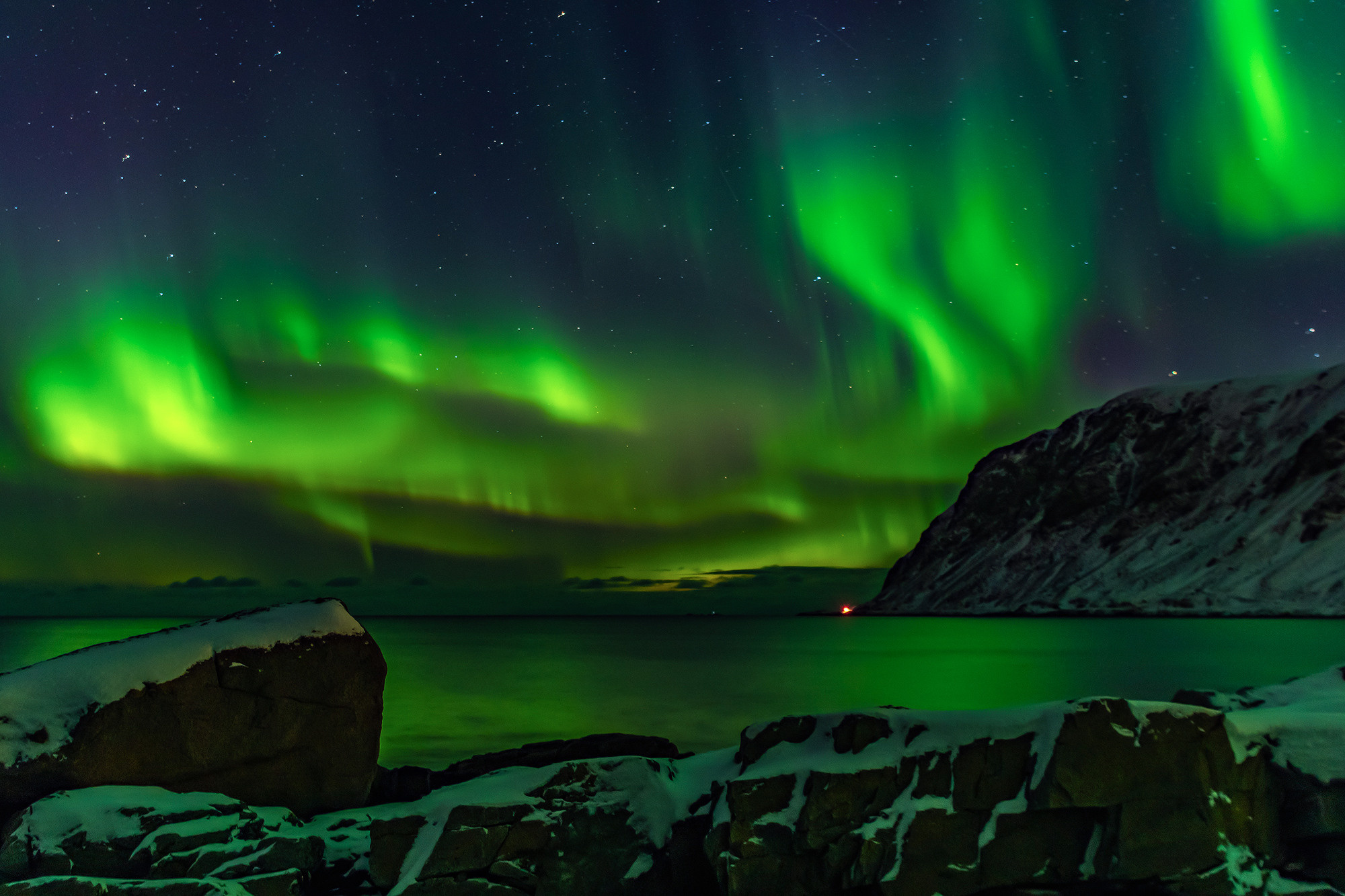 Nothern lights at Leknes, Lofotens, Norway.  The Northern Lights over the Lofoten Islands. Aurora Borealis over the Lofoten Islands.