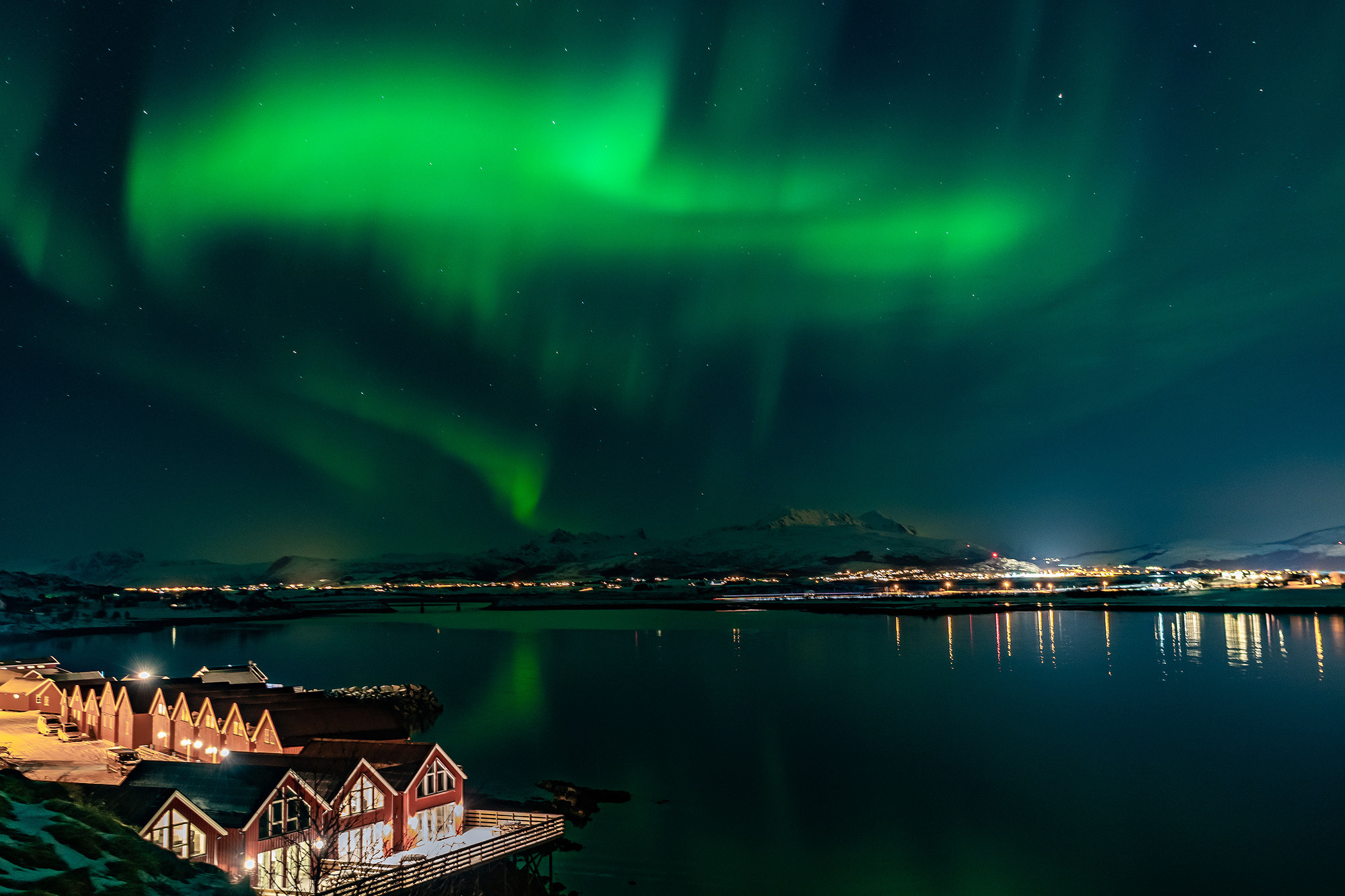 Nothern lights at Leknes, Lofotens, Norway.  The Northern Lights over the Lofoten Islands. Aurora Borealis over the Lofoten Islands.