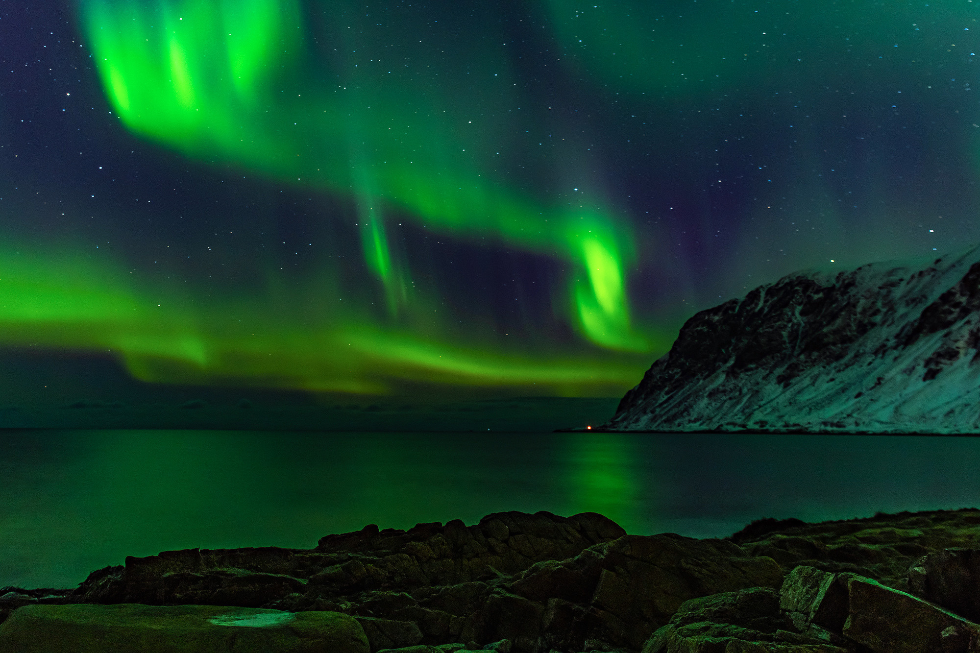 Nothern lights at Leknes, Lofotens, Norway.  The Northern Lights over the Lofoten Islands. Aurora Borealis over the Lofoten Islands.