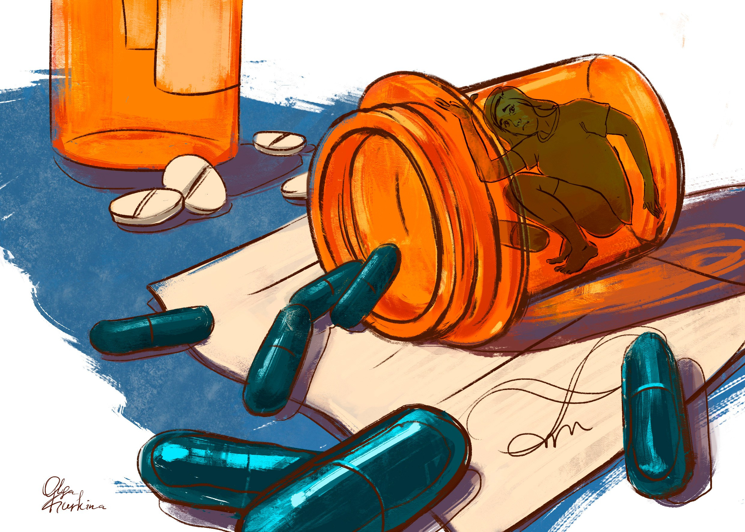 Conceptual ink style editorial illustration about female mental health and antidepressants