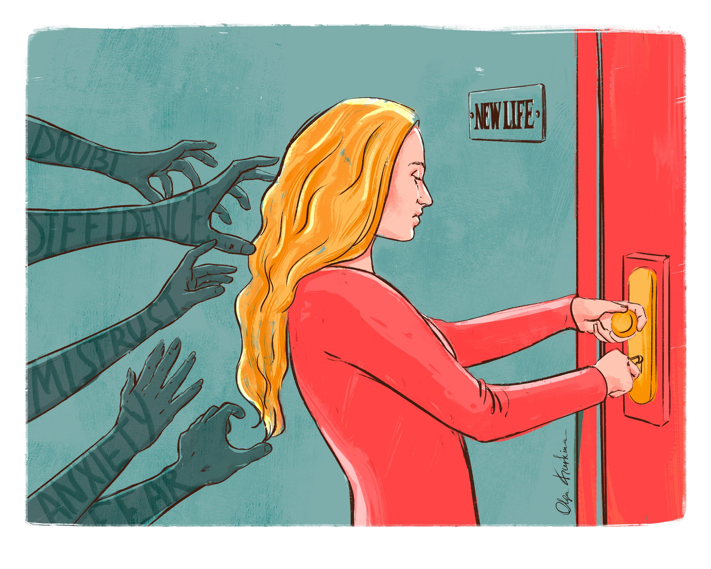 Conceptual ink style editorial illustration about female freedom and growth