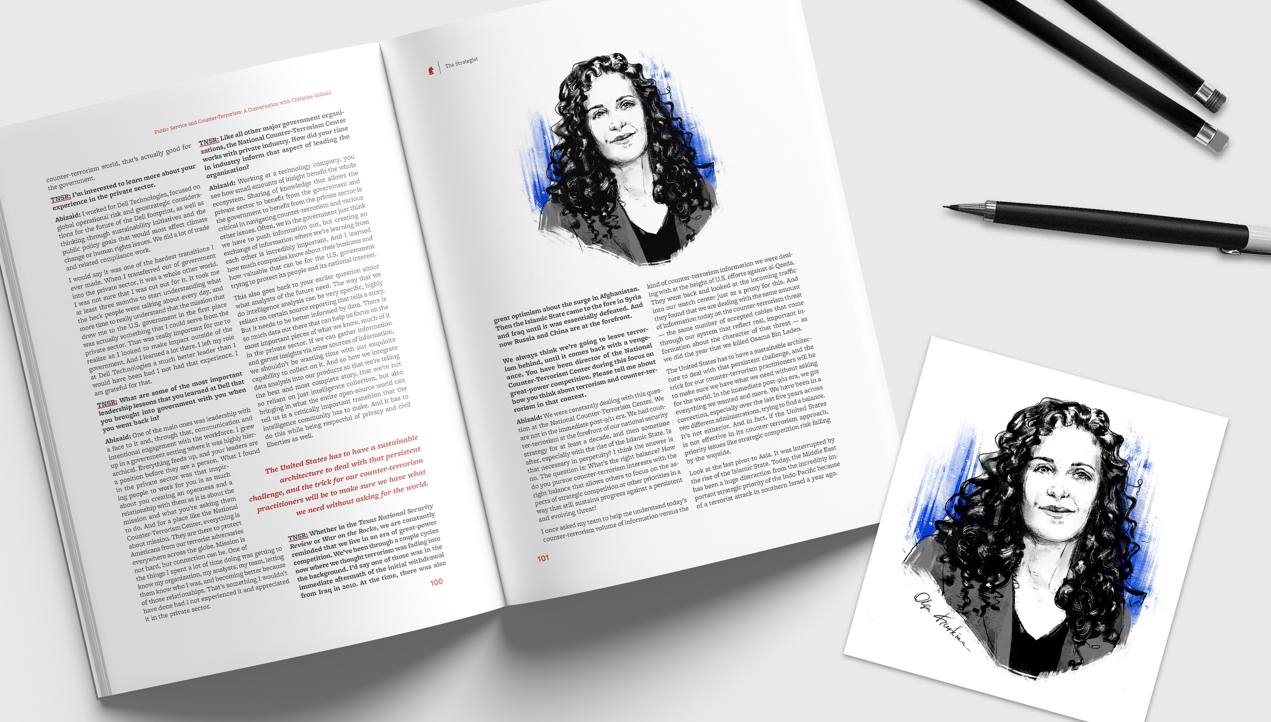 Conceptual ink style editorial portrait of  Christine Sandra Abizaid in Texas Security Review magazine