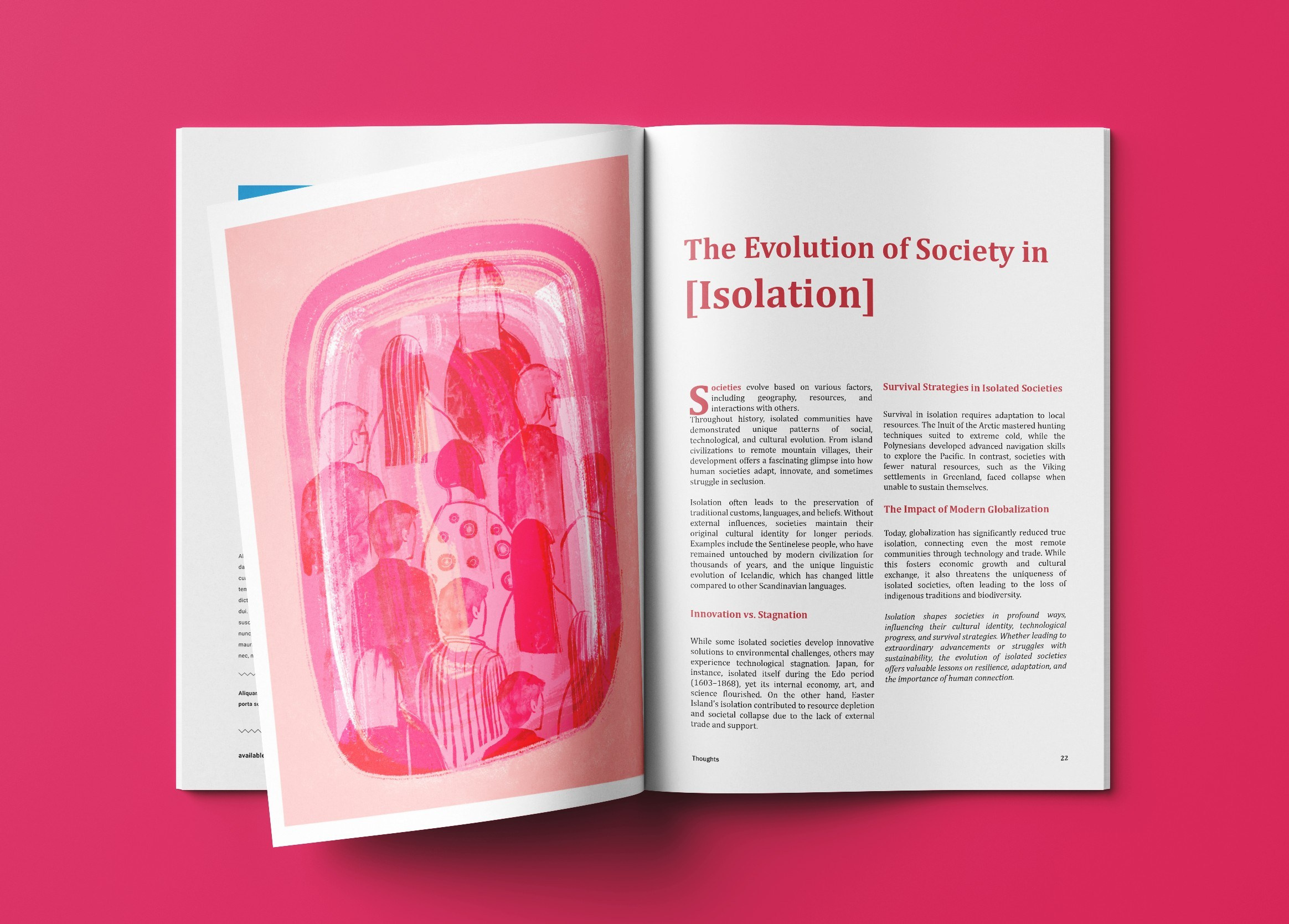 Conceptual ink style editorial illustration about society bright pink color