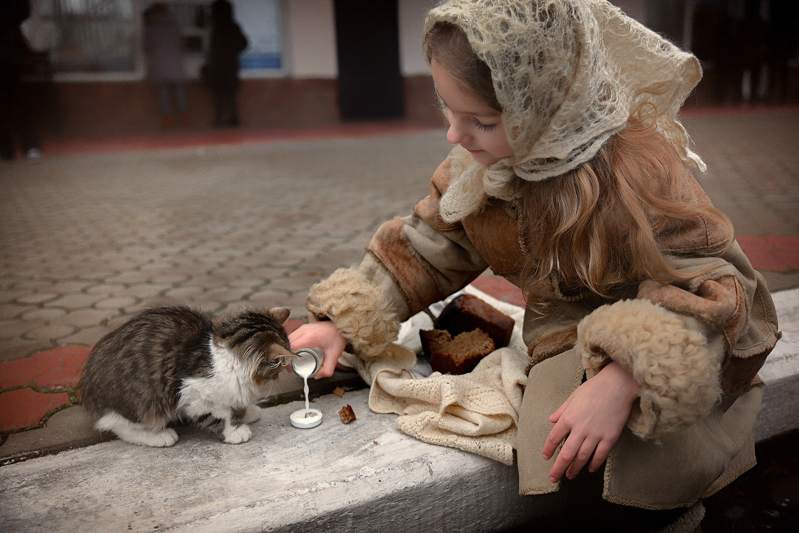 девочка в платочке и котенок