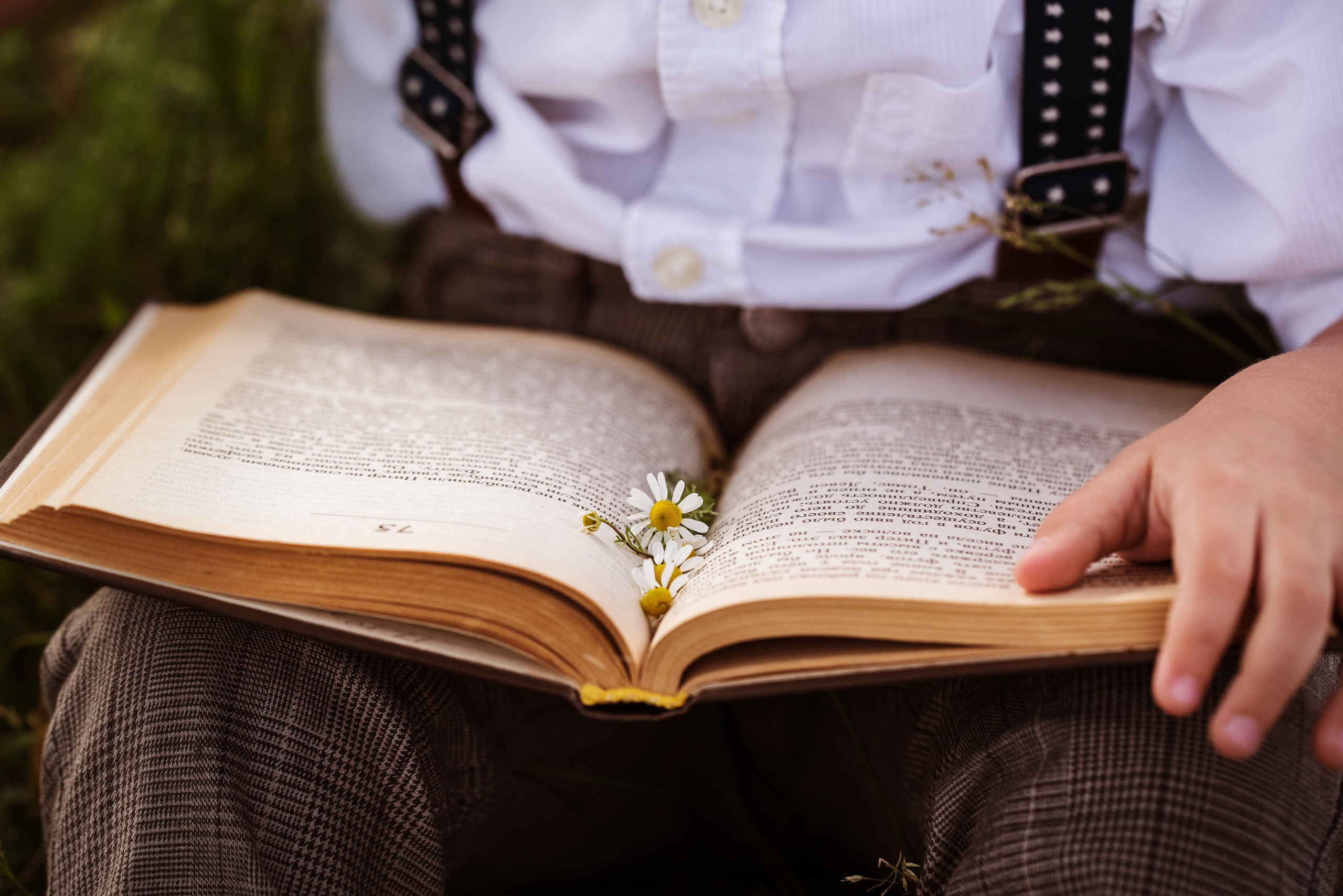 книга с ромашкой и детские руки