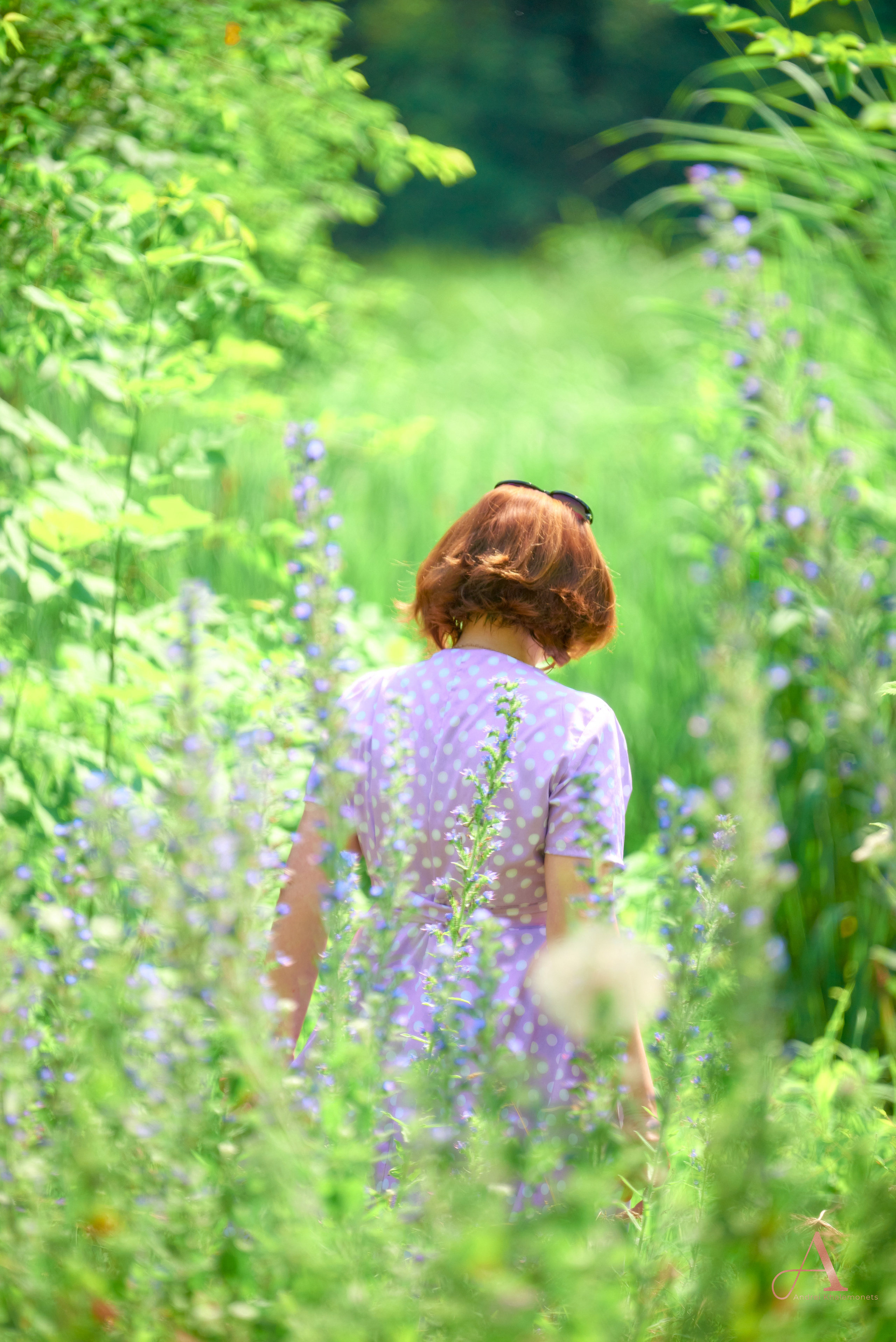 Прогулочная фотосессия в платье на лугу.