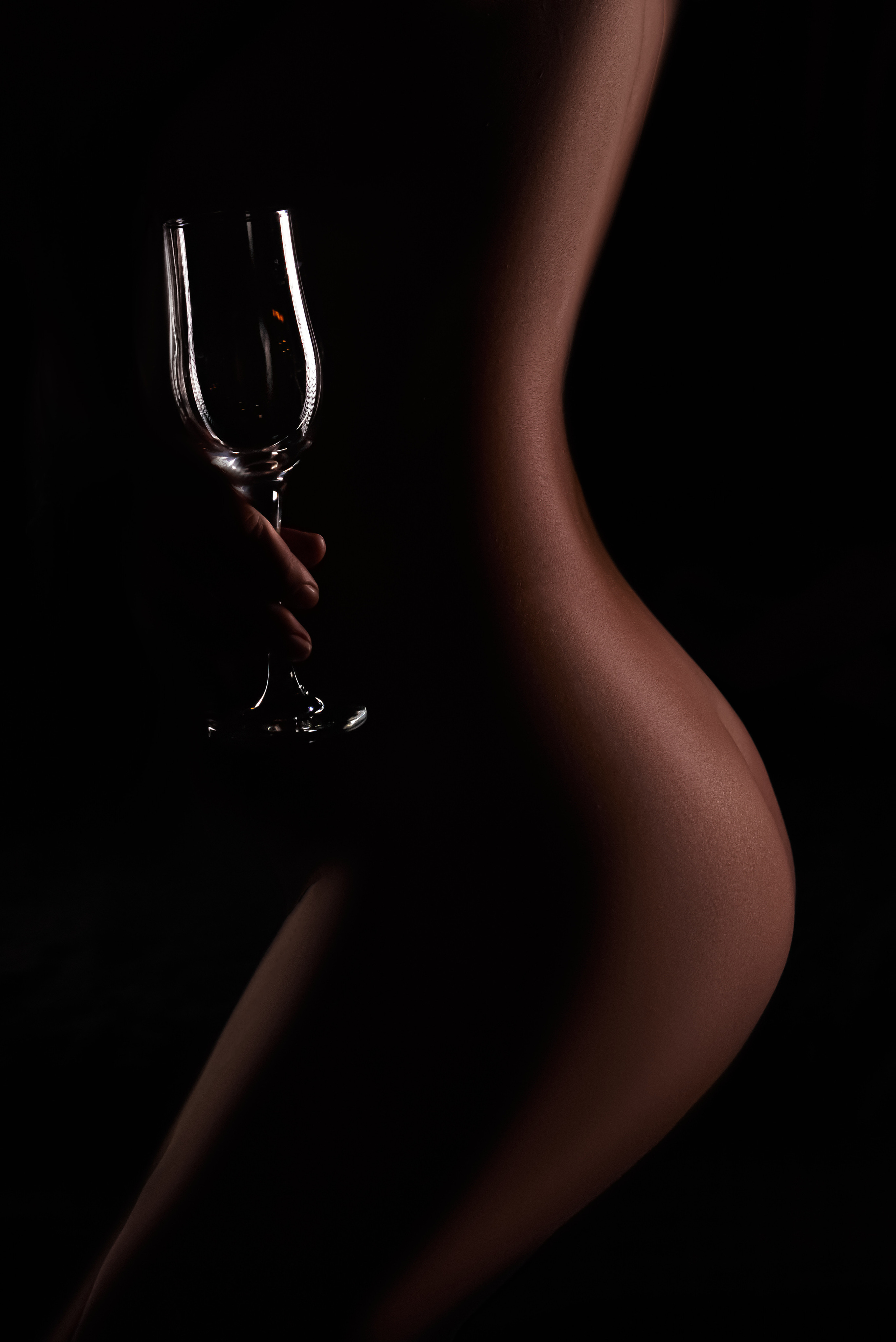 Обнаженная девушка в профиль с бокалом вина в руке, крутая ню фотосессия от лучшего фотографа.