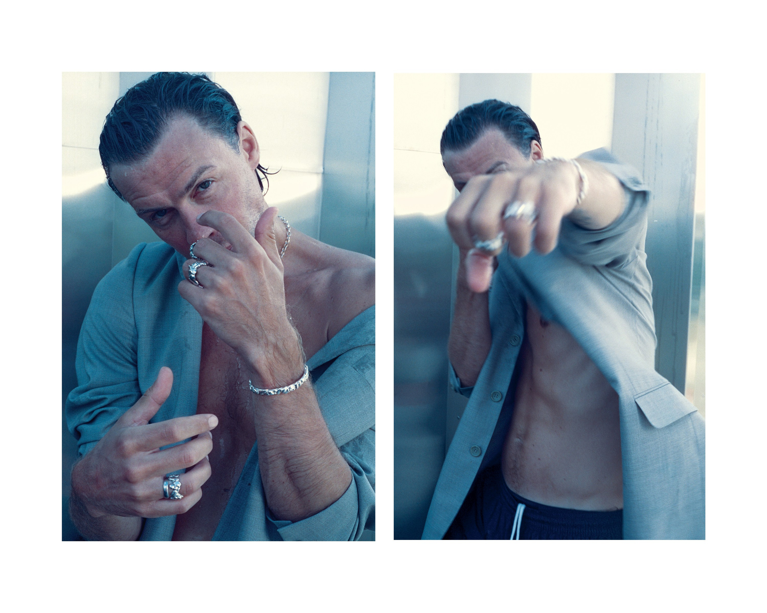 Diptych of a male model moving outdoors wearing silver earrings, 35mm film fashion photography, Cinestill800t