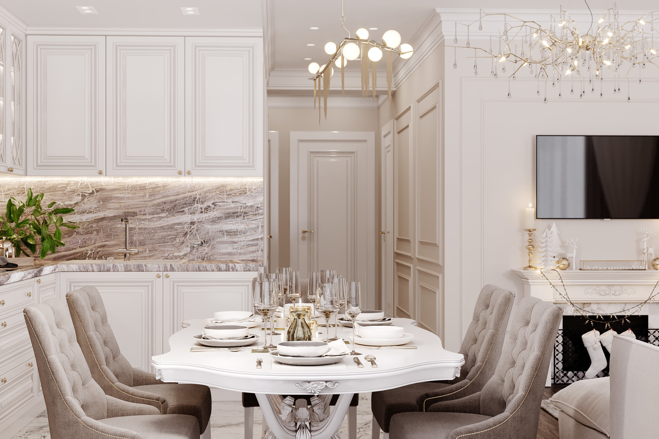 Белый раскладной обеденный стол в классическом стиле.