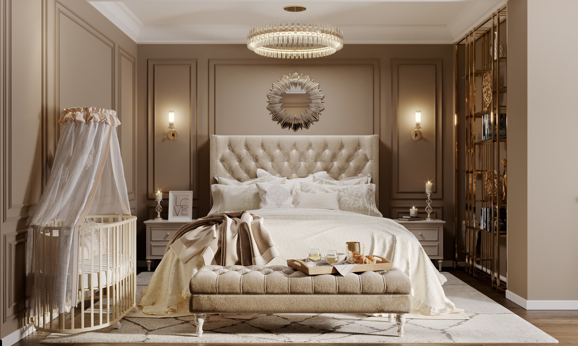 Красивая спальня в бежевых тонах. Спальня с молдингами в классическом стиле.