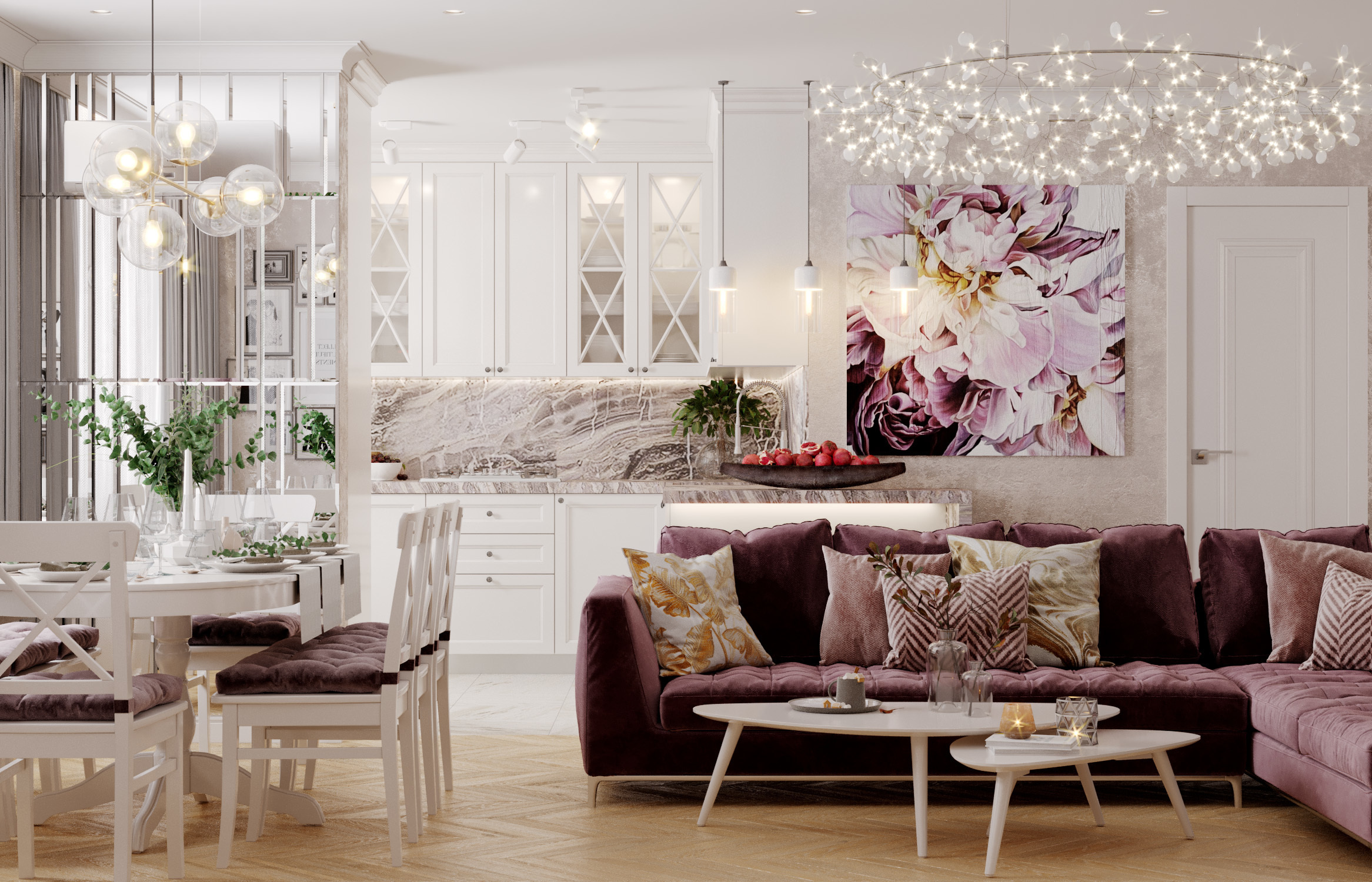 Розовый угловой диван в гостиной. Стулья ИКЕА в кухне столовой. 