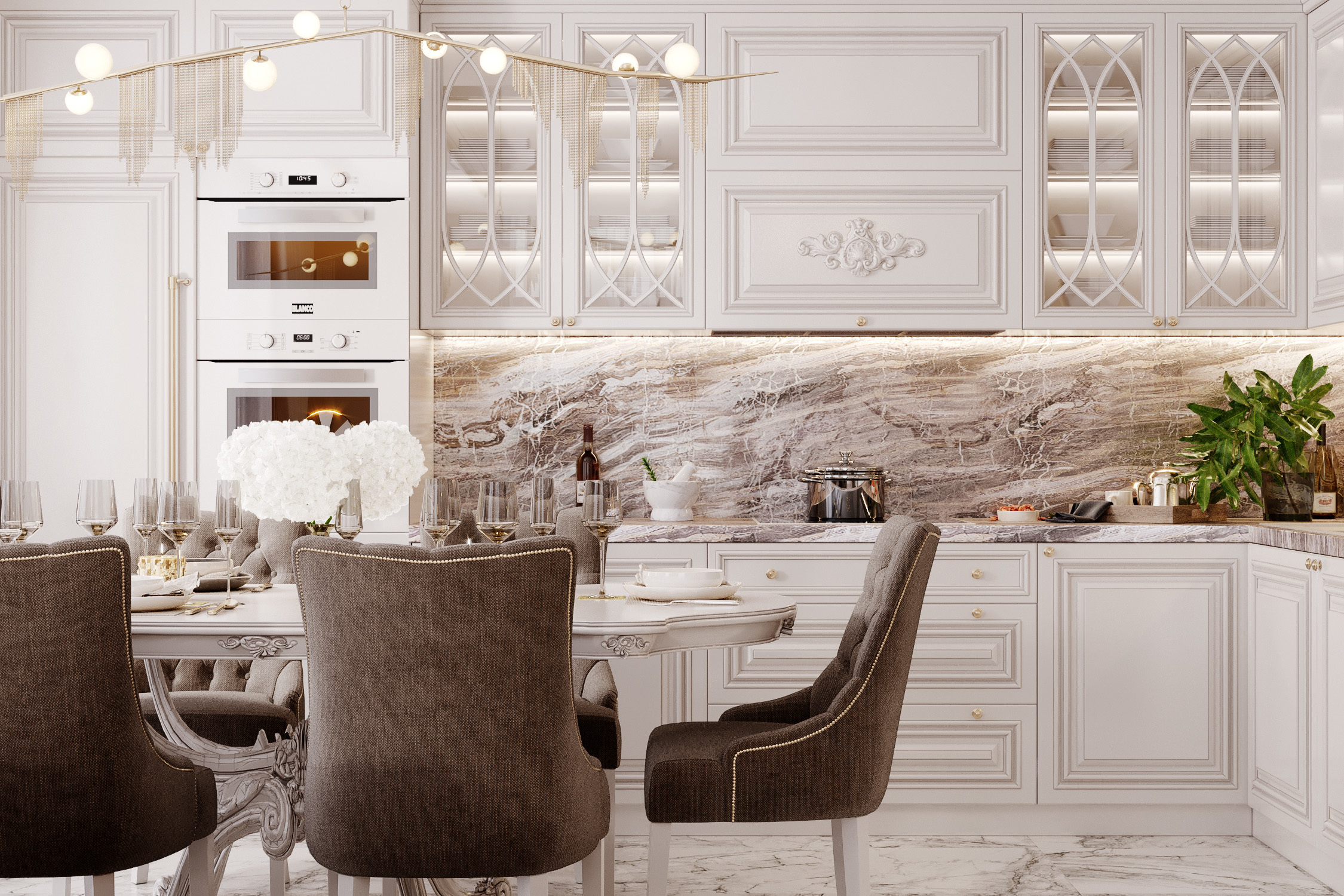 Кухня в классическом стиле с прозрачными фасадами. 