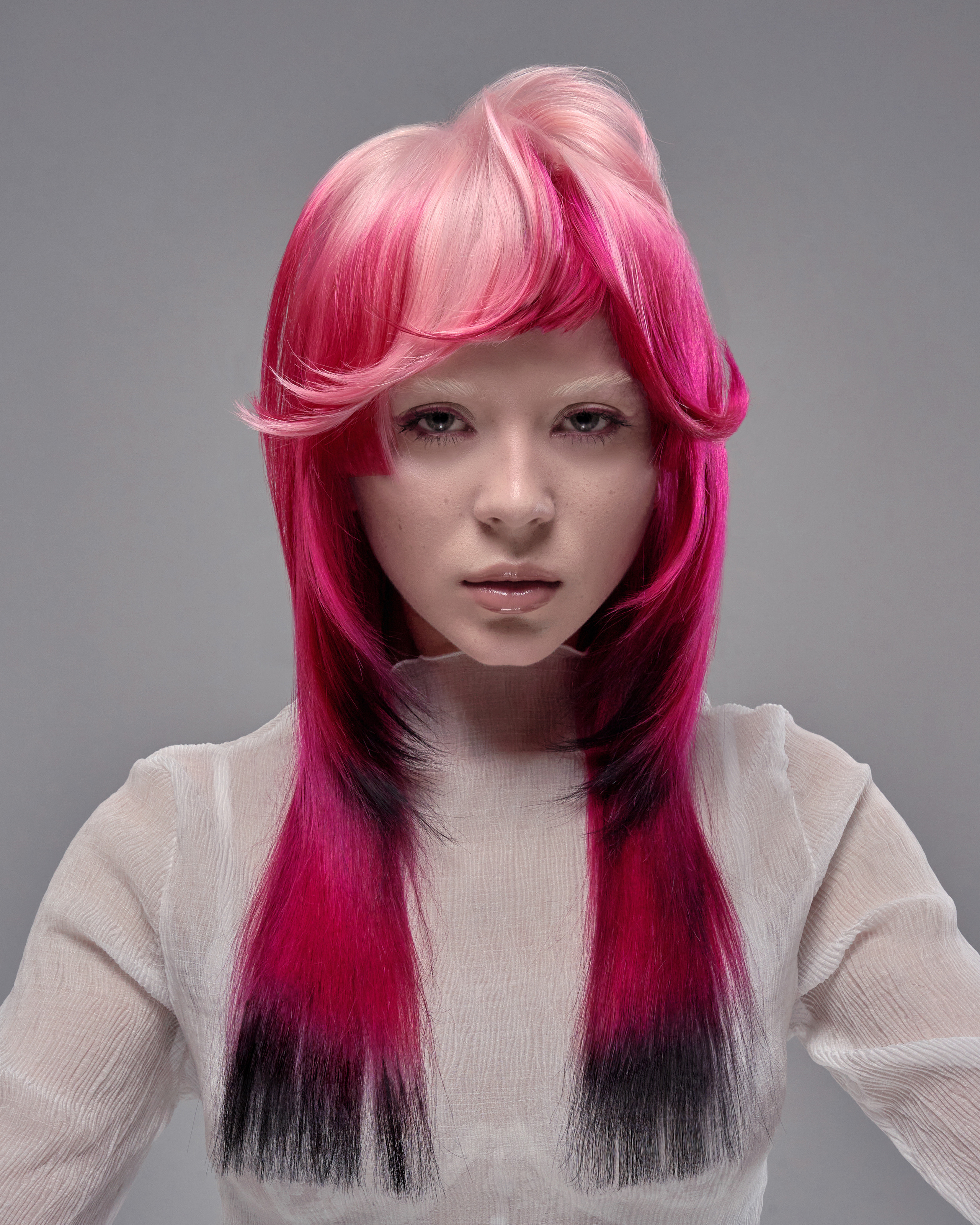 woman model with pink hair and white dress