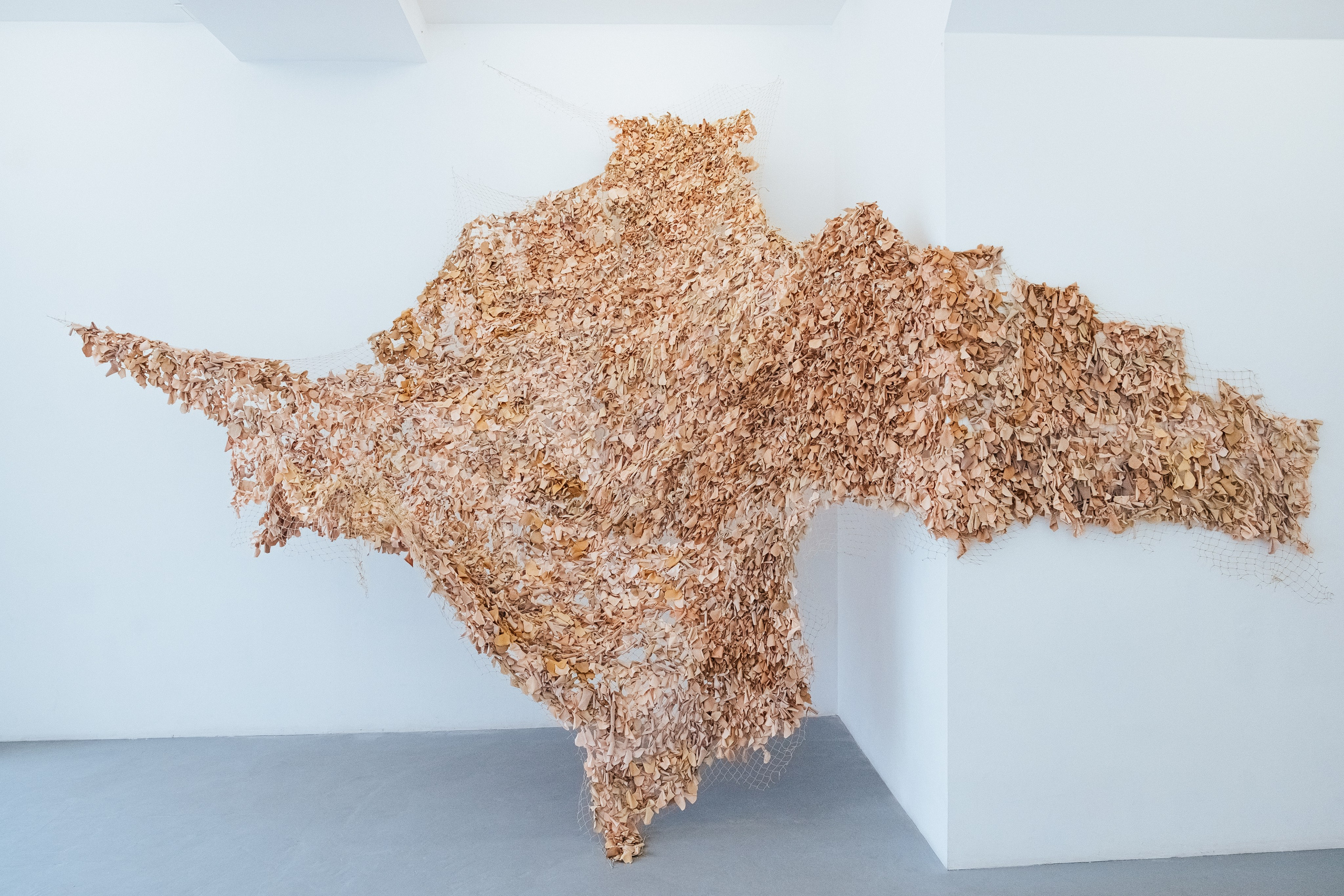 A large installation resembling a camouflage net is displayed on the wall of a bright, white gallery space. The net is composed of numerous small pieces in various shades of beige and brown, closely resembling the colors of human skin. The net's organic, flowing form extends across the corner of the room, creating a dynamic and textured surface. This artwork is part of the "Azyl" (Asylum) project, symbolizing a shelter for humanity and a refuge from violence and war, while highlighting themes of vulnerability, intimacy, and the role of women in addressing social and political issues.