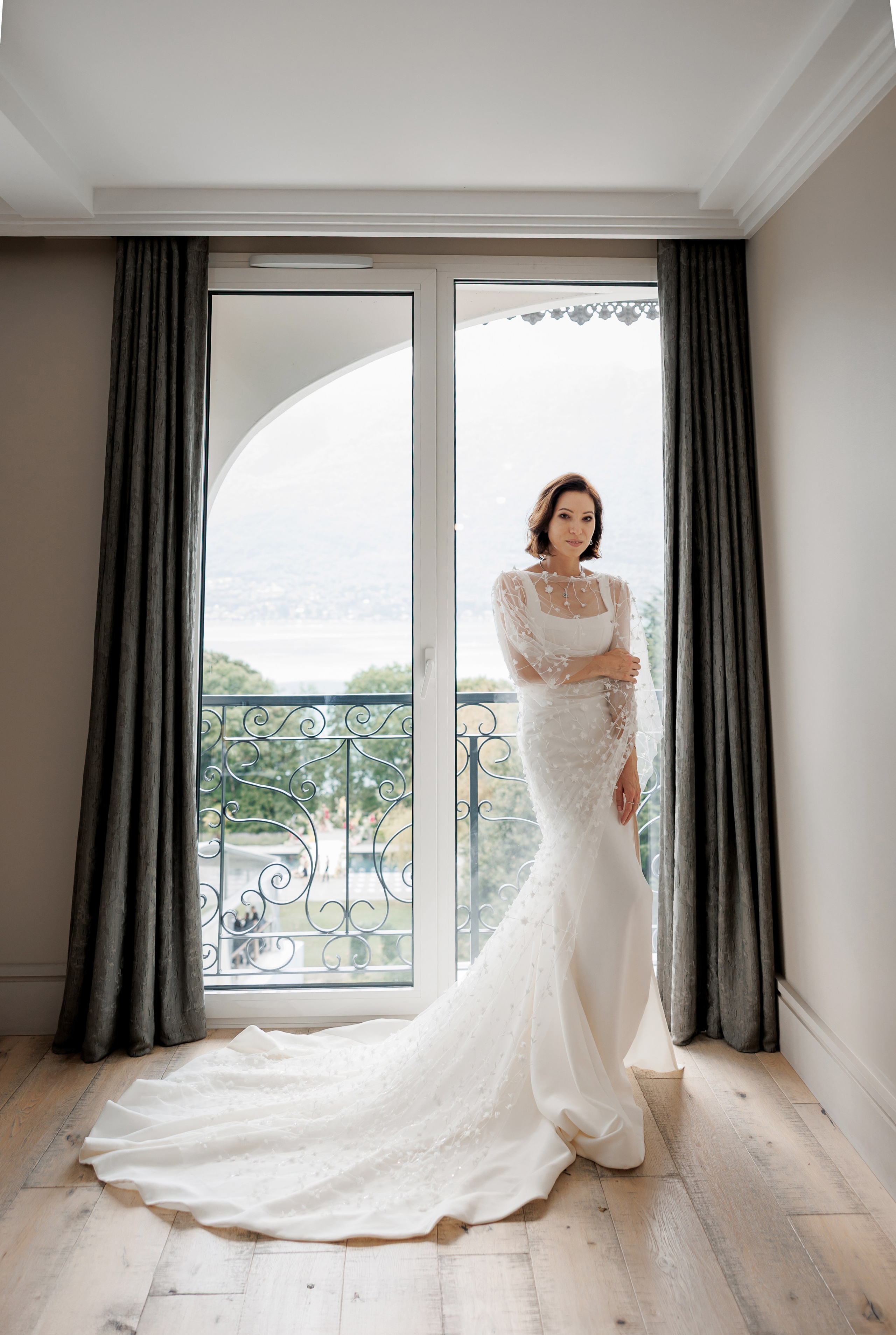 Fashion-inspired bridal portrait in elegant wedding dress during luxury wedding